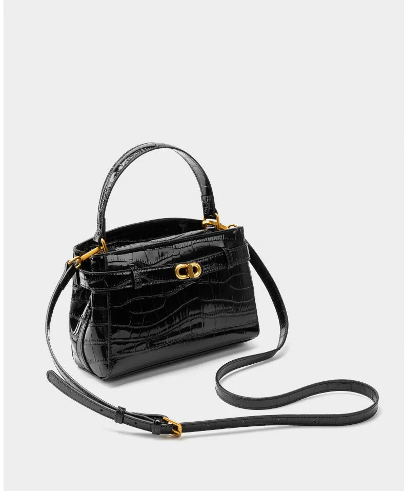 21.5CM Large Crocodile Pattern Lock Small Square Bag Crossbody Kelly Bag 2897 black