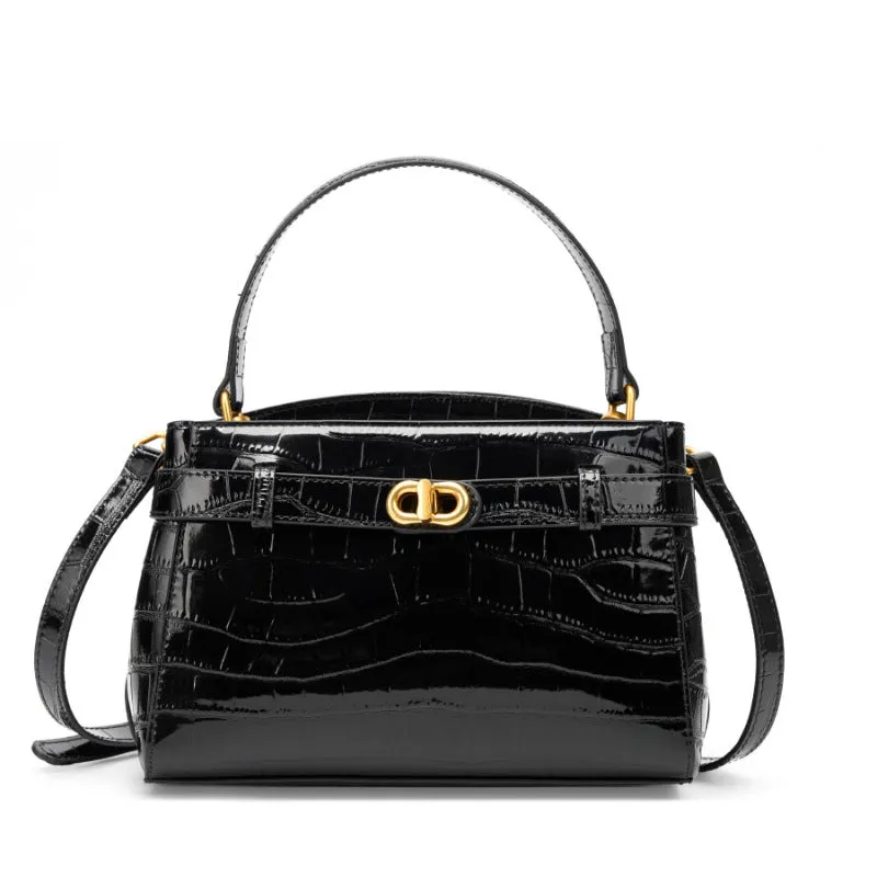 21.5CM Large Crocodile Pattern Lock Small Square Bag Crossbody Kelly Bag 2897 black