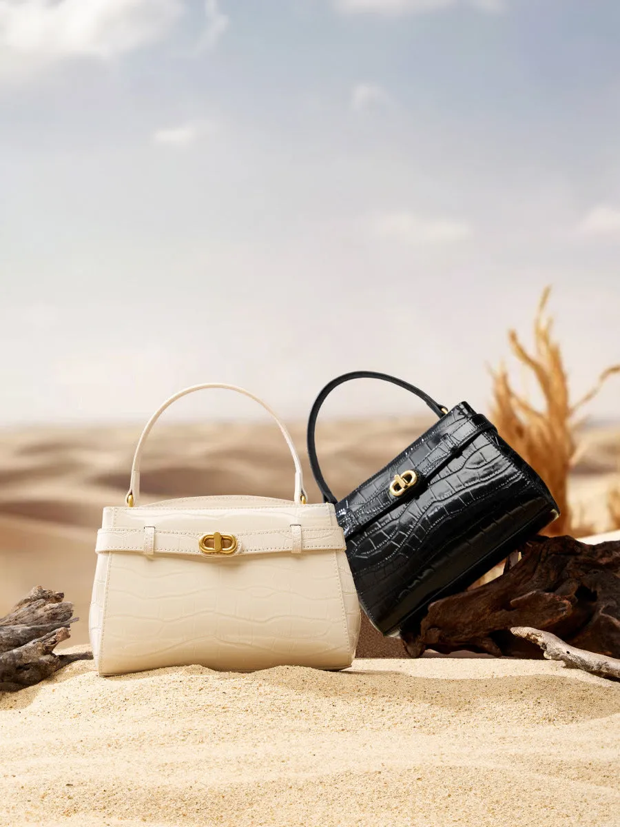 21.5CM Large Crocodile Pattern Lock Small Square Bag Crossbody Kelly Bag 2897 black