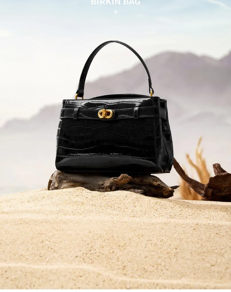 21.5CM Large Crocodile Pattern Lock Small Square Bag Crossbody Kelly Bag 2897 black