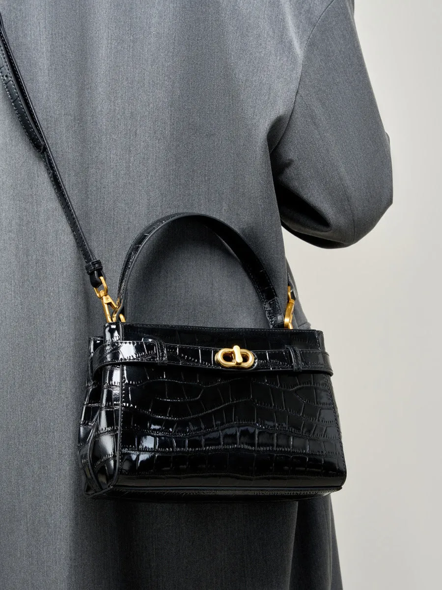 21.5CM Large Crocodile Pattern Lock Small Square Bag Crossbody Kelly Bag 2897 black