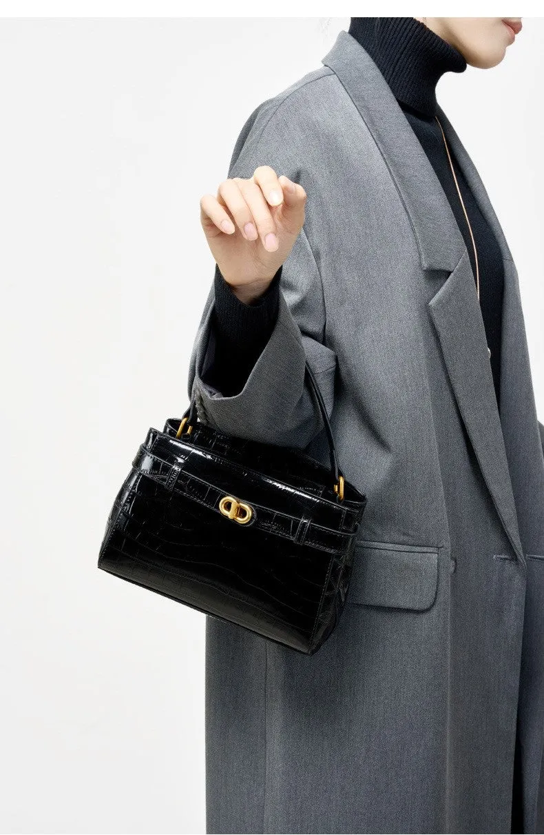 21.5CM Large Crocodile Pattern Lock Small Square Bag Crossbody Kelly Bag 2897 black