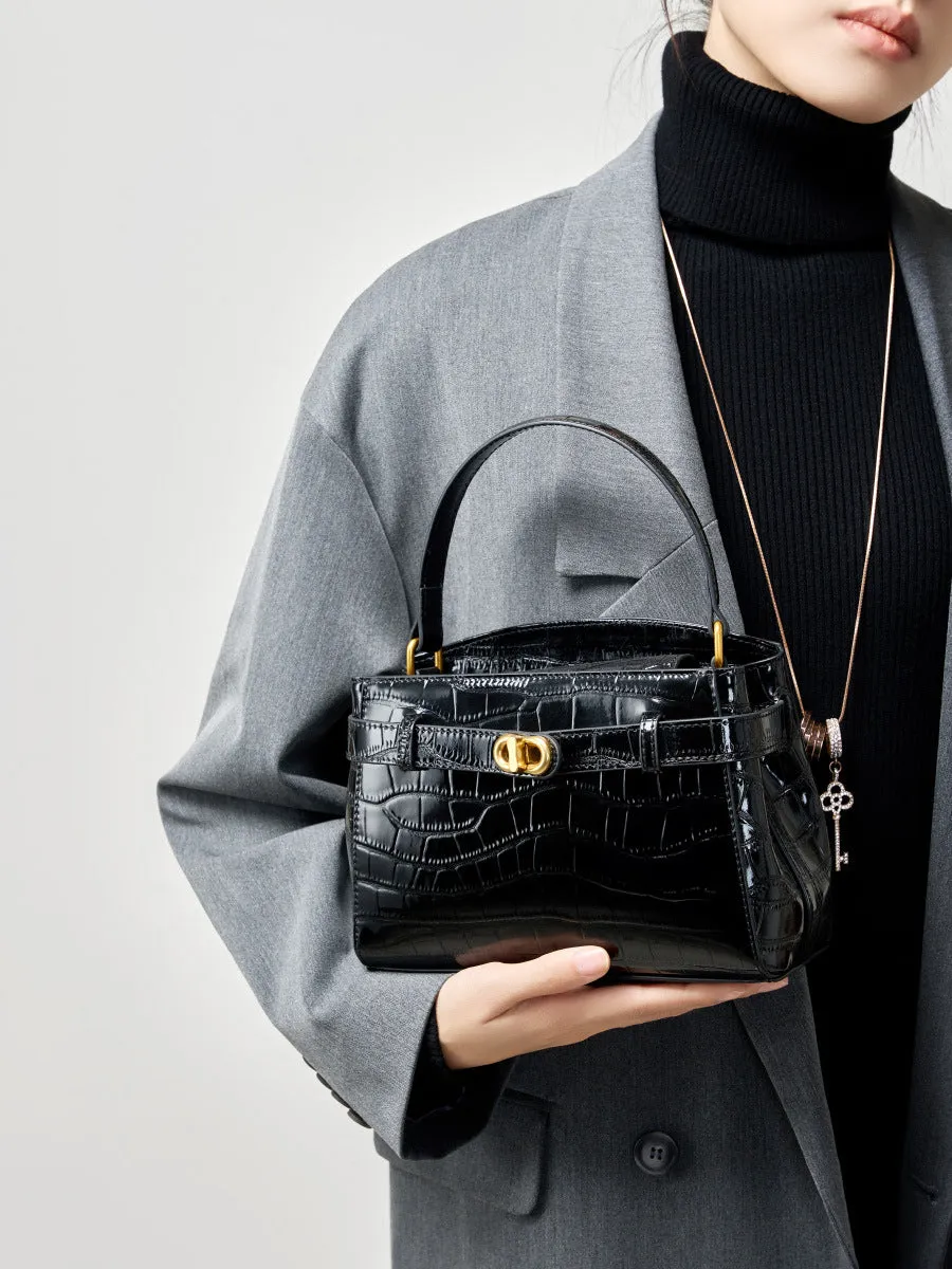 21.5CM Large Crocodile Pattern Lock Small Square Bag Crossbody Kelly Bag 2897 black