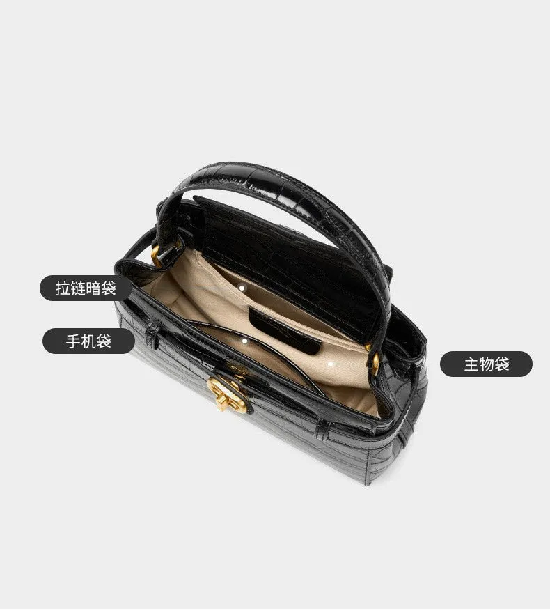 21.5CM Large Crocodile Pattern Lock Small Square Bag Crossbody Kelly Bag 2897 black