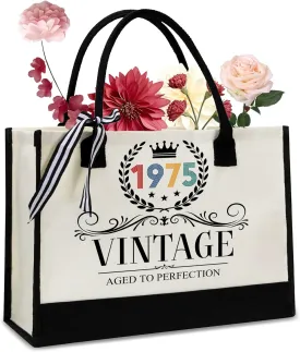 50th Birthday Gifts For Her - Gifts for 50th Birthday - Valentine Gift For Her, Mom, Aunt - 50th Birthday Women - 50th Birthday Decorations For Women - 1975 Canvas Tote Bag - Turning 50th Gifts