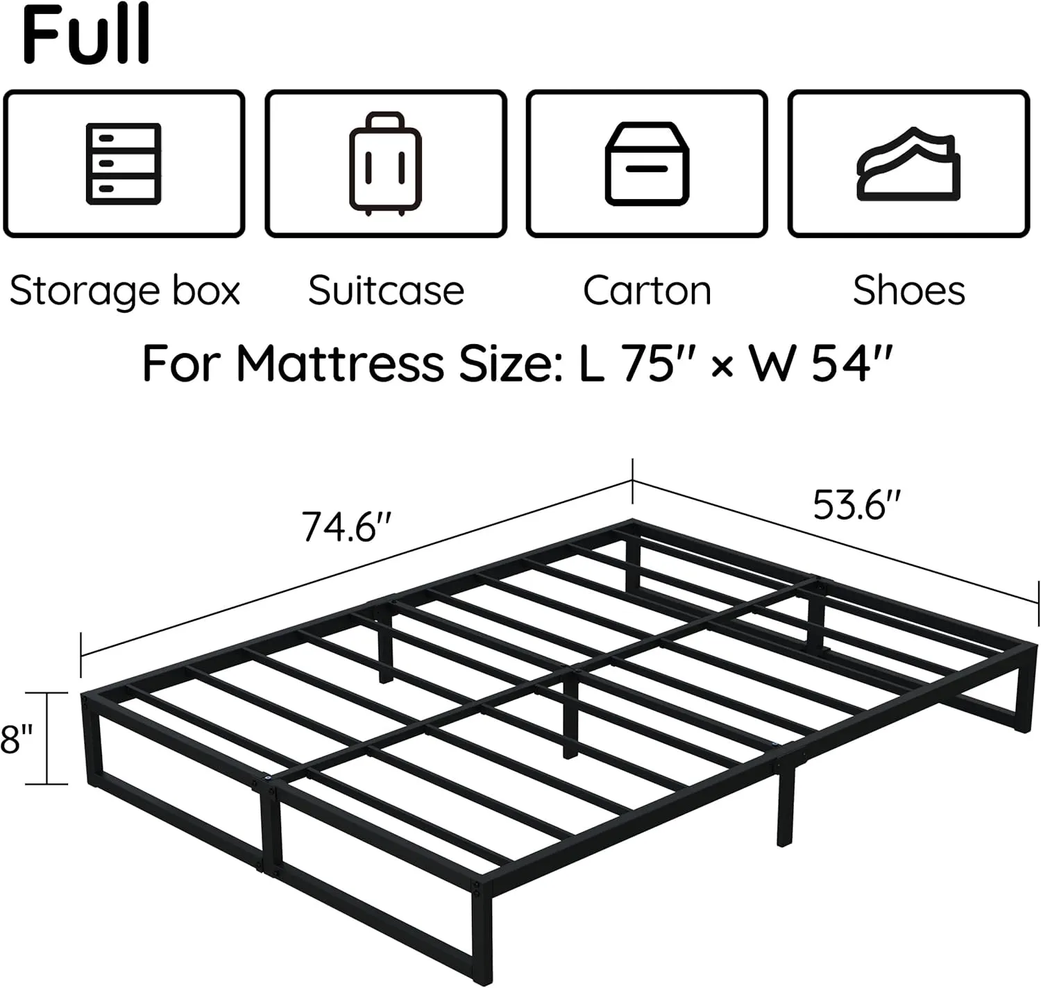 8 Inch Bed Frame Full Metal Platform Mattress Foundation with Steel Slat Support, No Box Spring Needed, Easy Assembly, Black