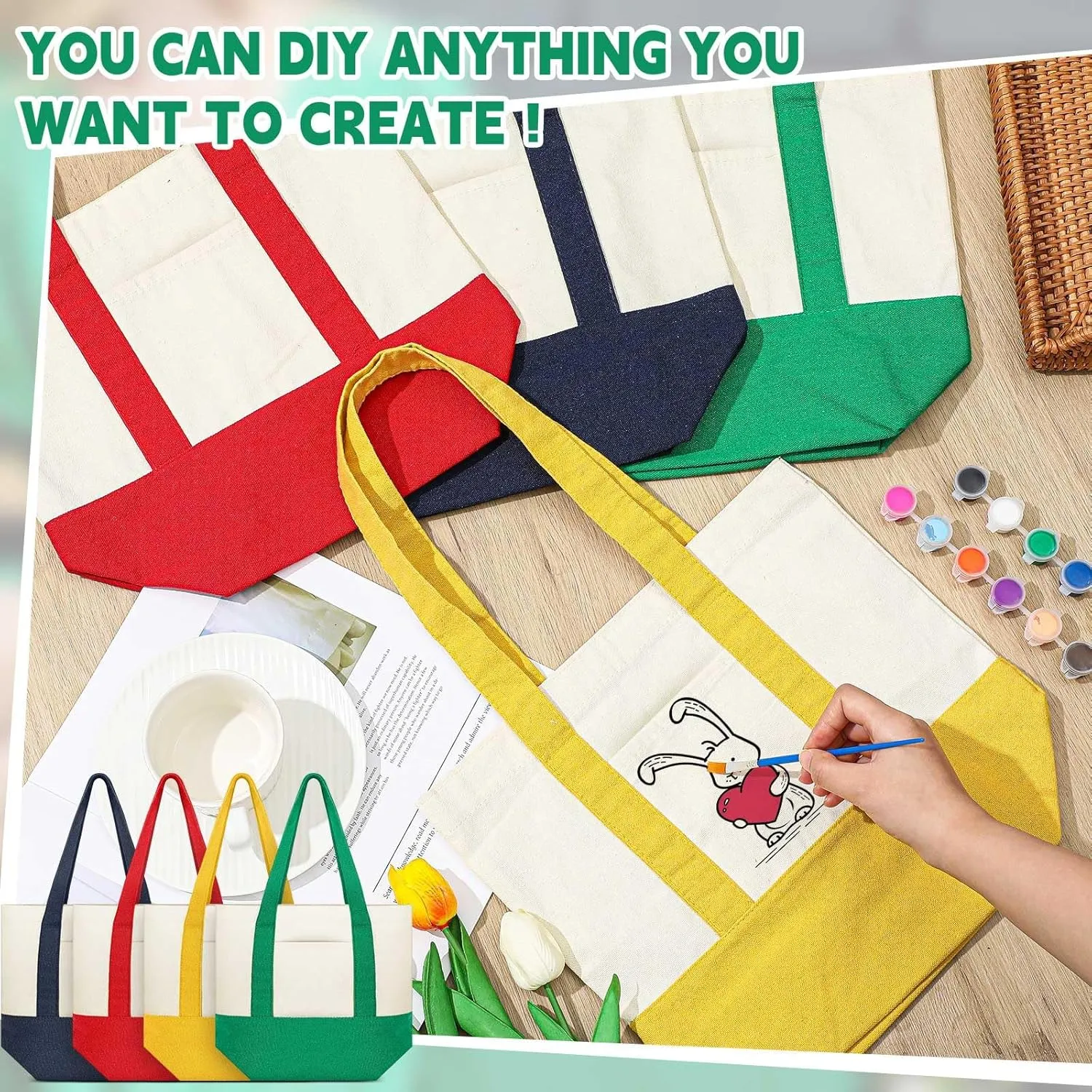 Amylove 4 Pcs Mini Canvas Tote Bag with Pockets 13" x 11" Duty Canvas Sublimation Blank Small Bag Reusable Tote for Crafts DIY (Stylish Color)