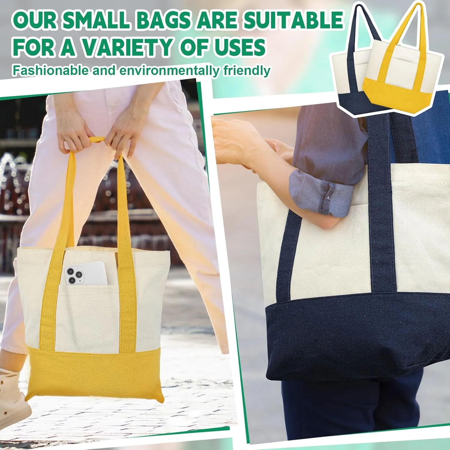 Amylove 4 Pcs Mini Canvas Tote Bag with Pockets 13" x 11" Duty Canvas Sublimation Blank Small Bag Reusable Tote for Crafts DIY (Stylish Color)