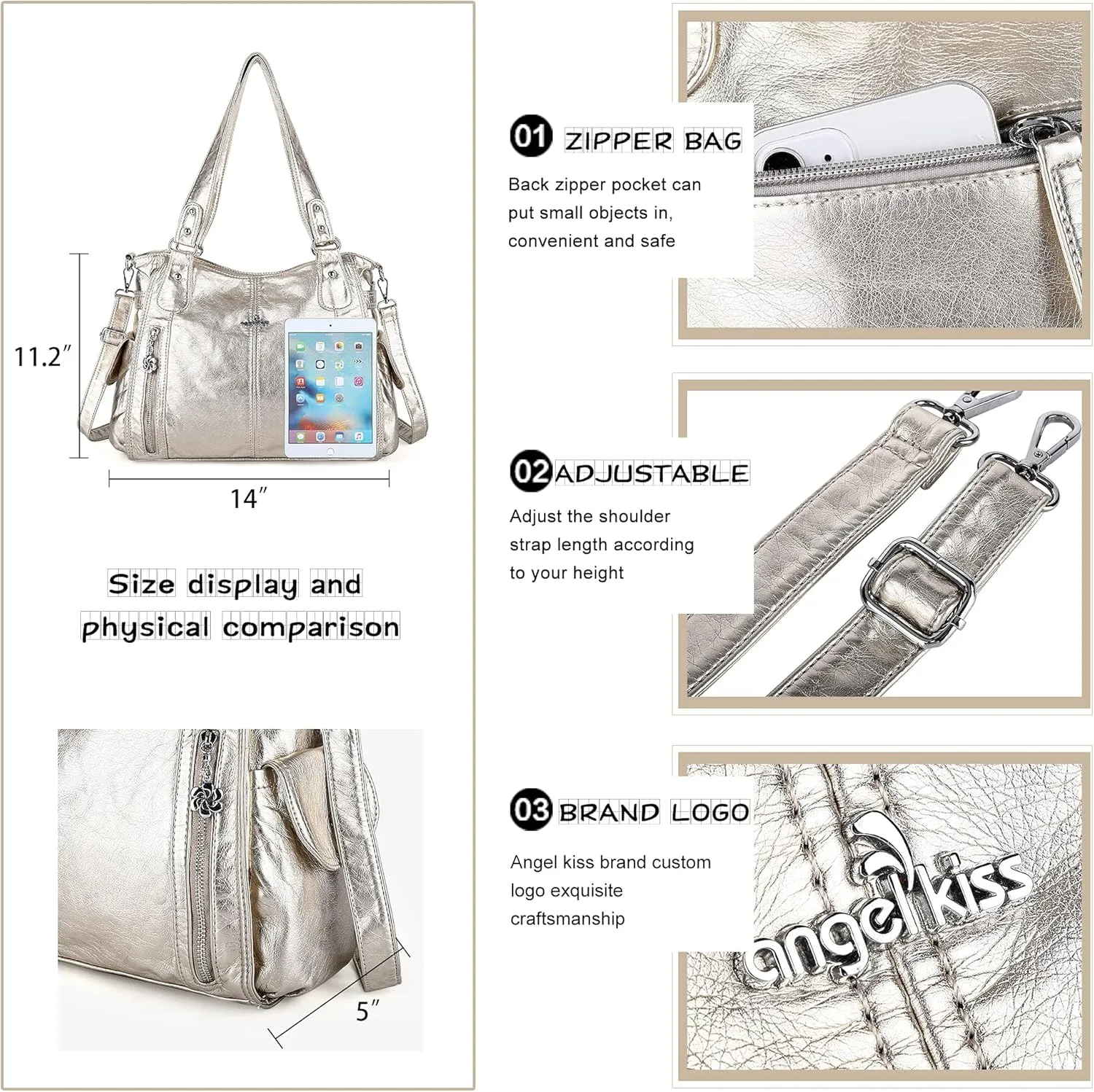 Angel Kiss Handbags for Womens Top-Handle Hobo Purse Roomy Casual Shoulder Bags PU Tote Satchel Purse for Women