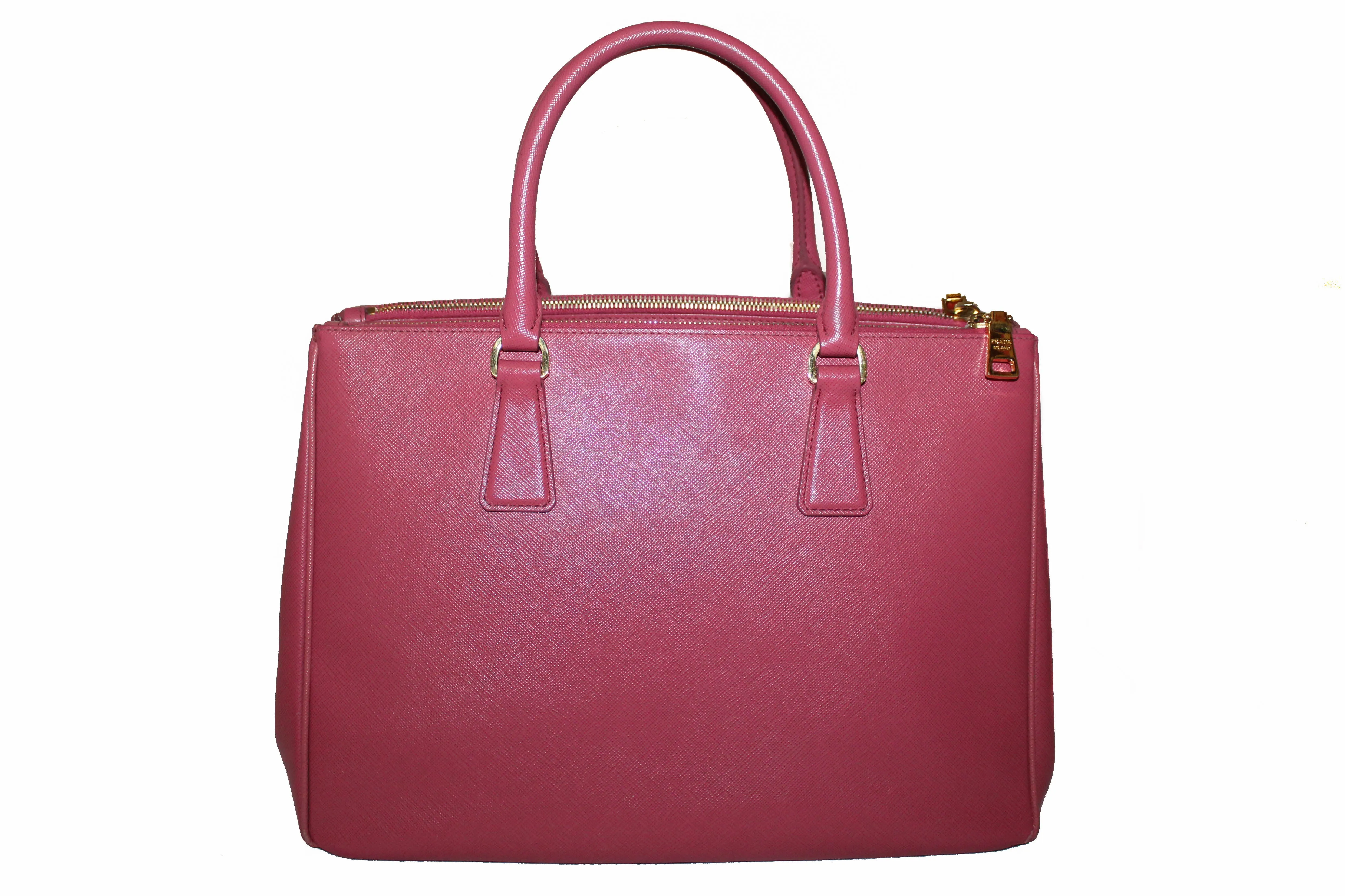 Authentic Prada Pink Saffiano Lux Leather Medium Double Zip Tote Bag
