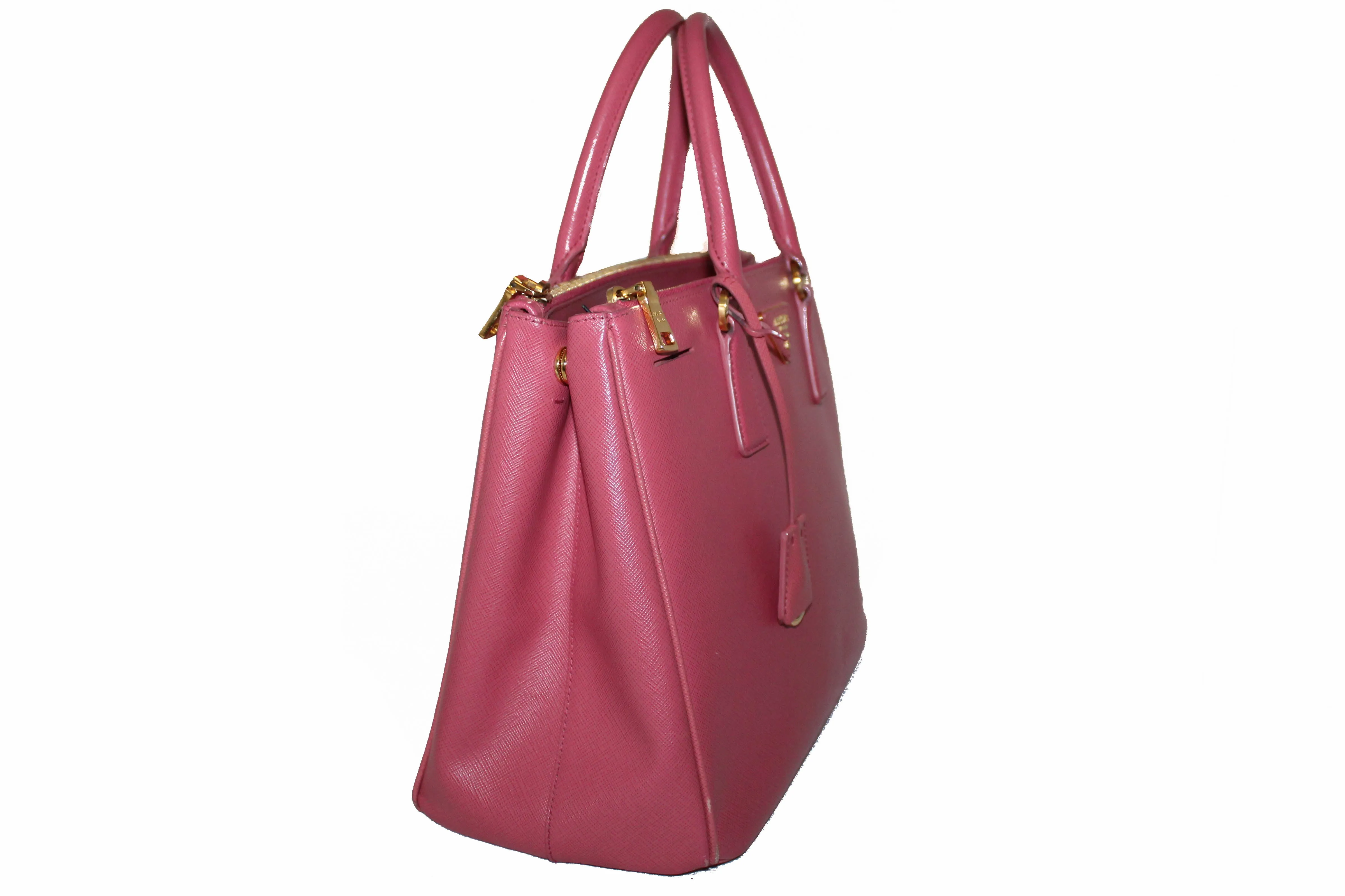 Authentic Prada Pink Saffiano Lux Leather Medium Double Zip Tote Bag