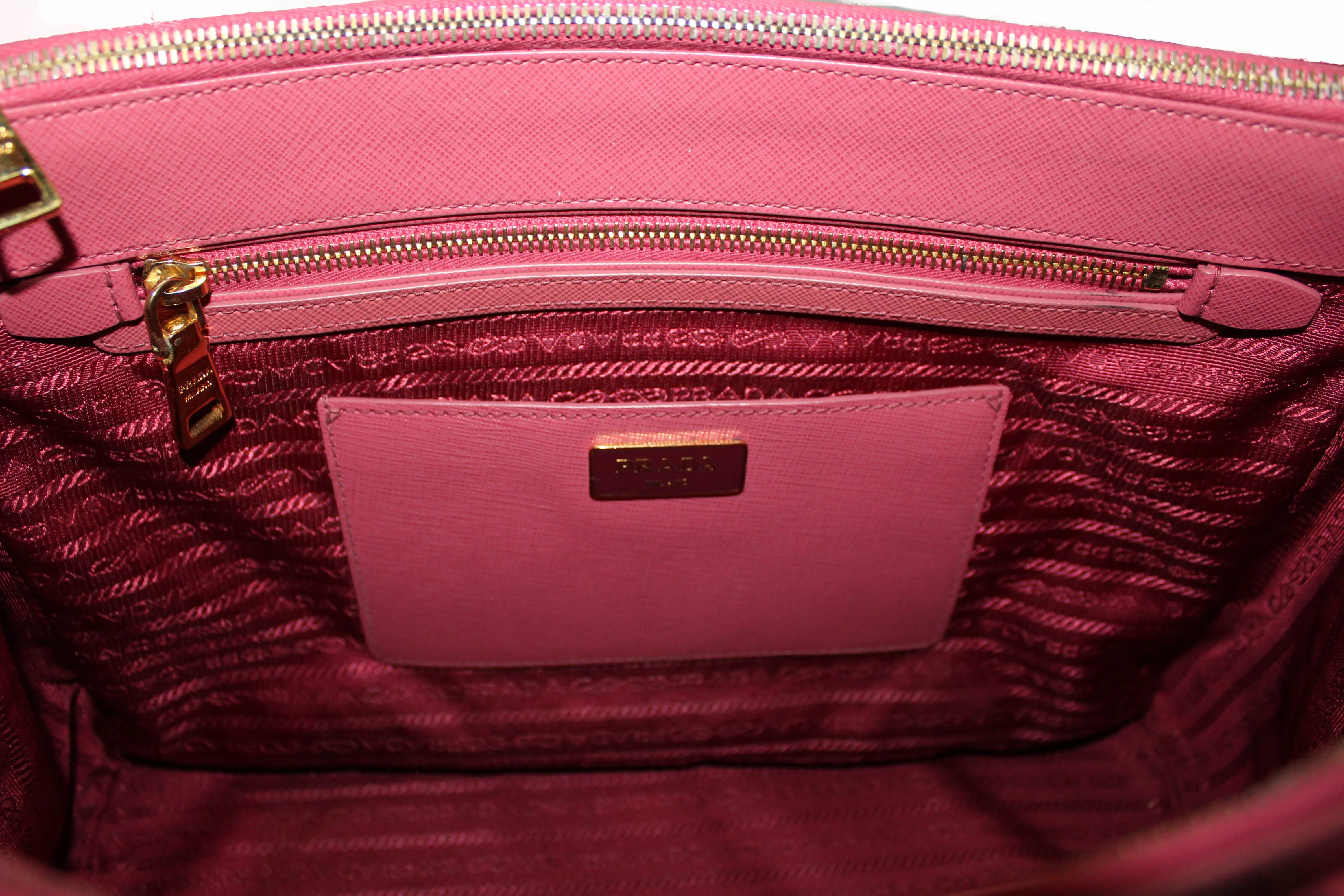 Authentic Prada Pink Saffiano Lux Leather Medium Double Zip Tote Bag