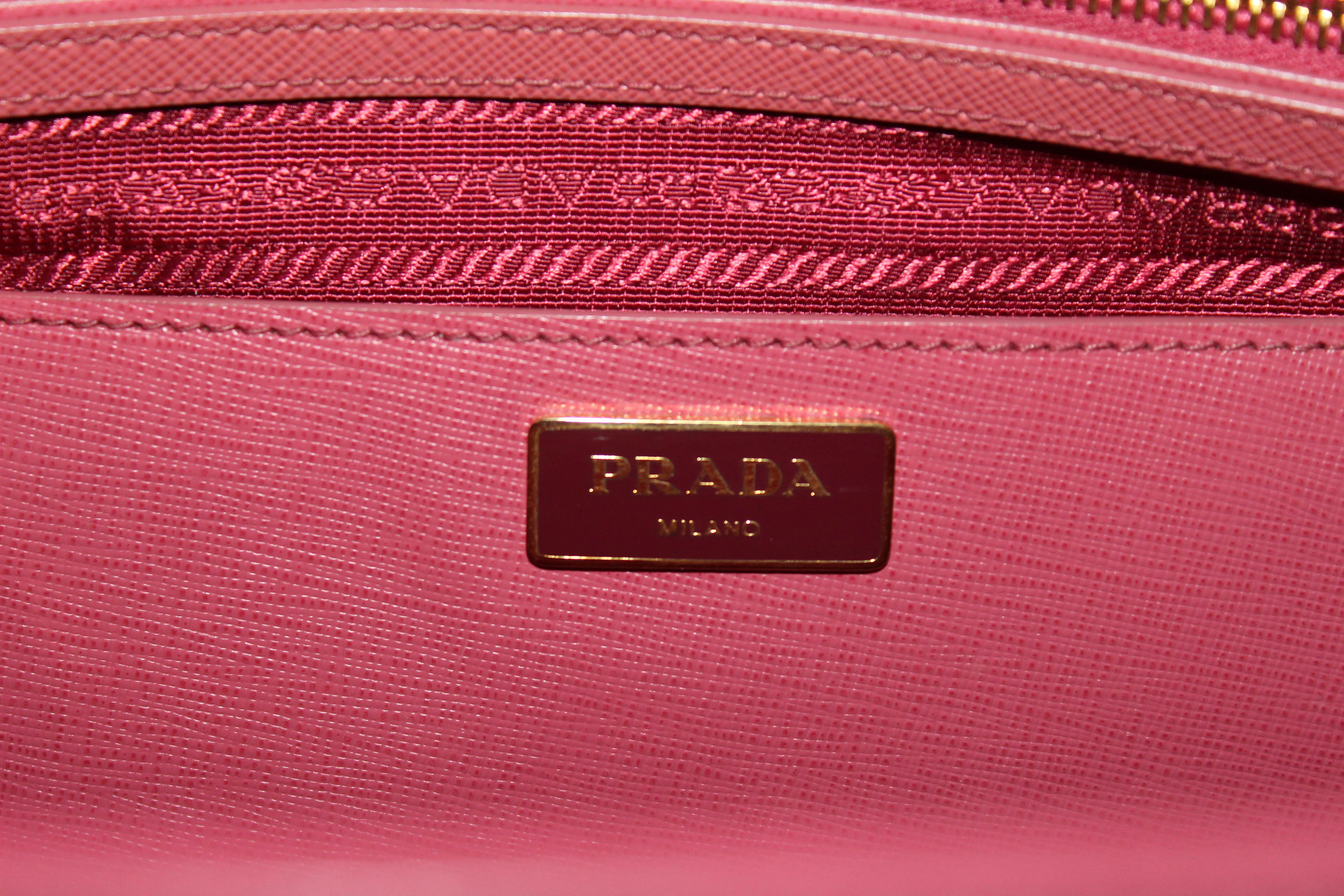 Authentic Prada Pink Saffiano Lux Leather Medium Double Zip Tote Bag