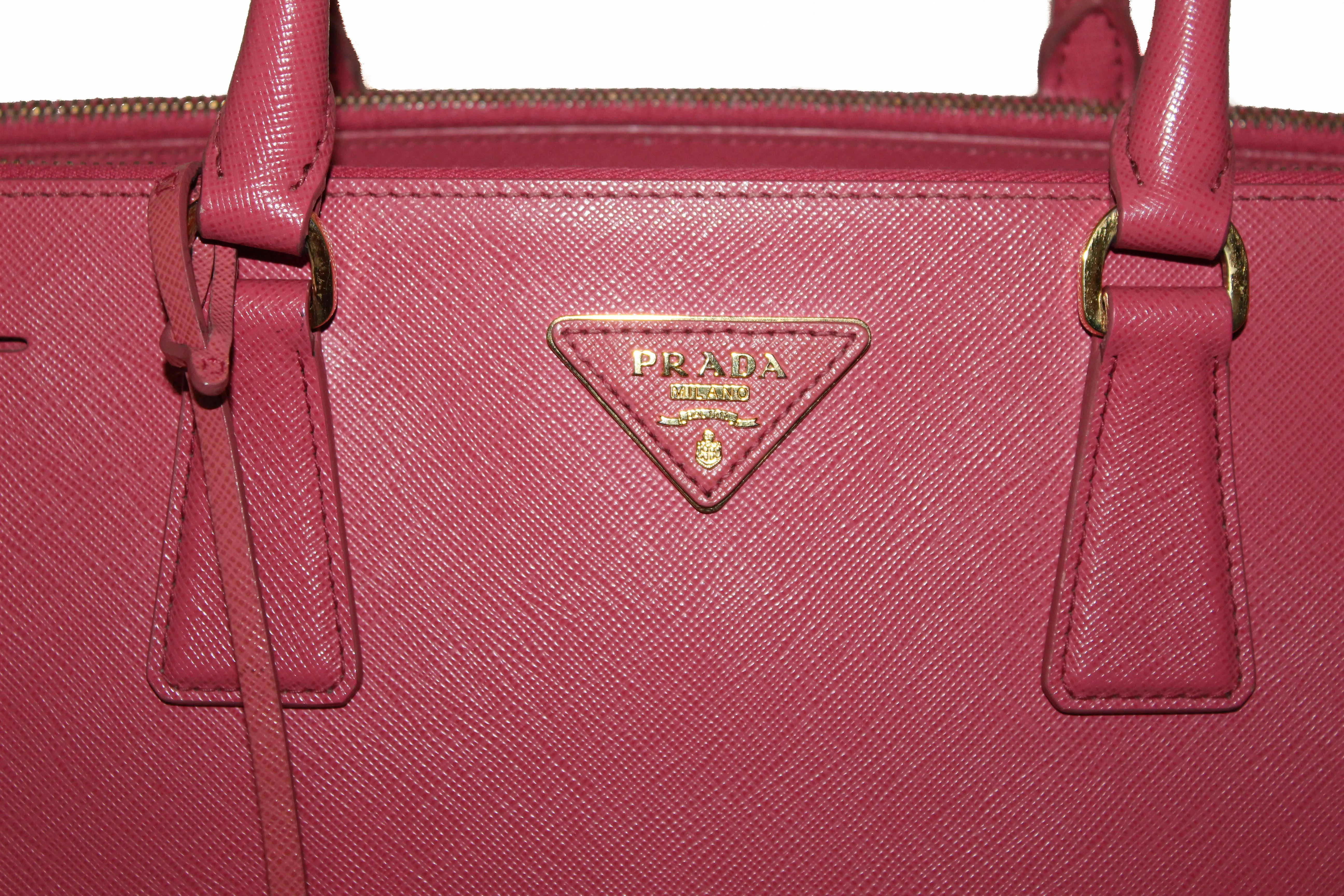 Authentic Prada Pink Saffiano Lux Leather Medium Double Zip Tote Bag