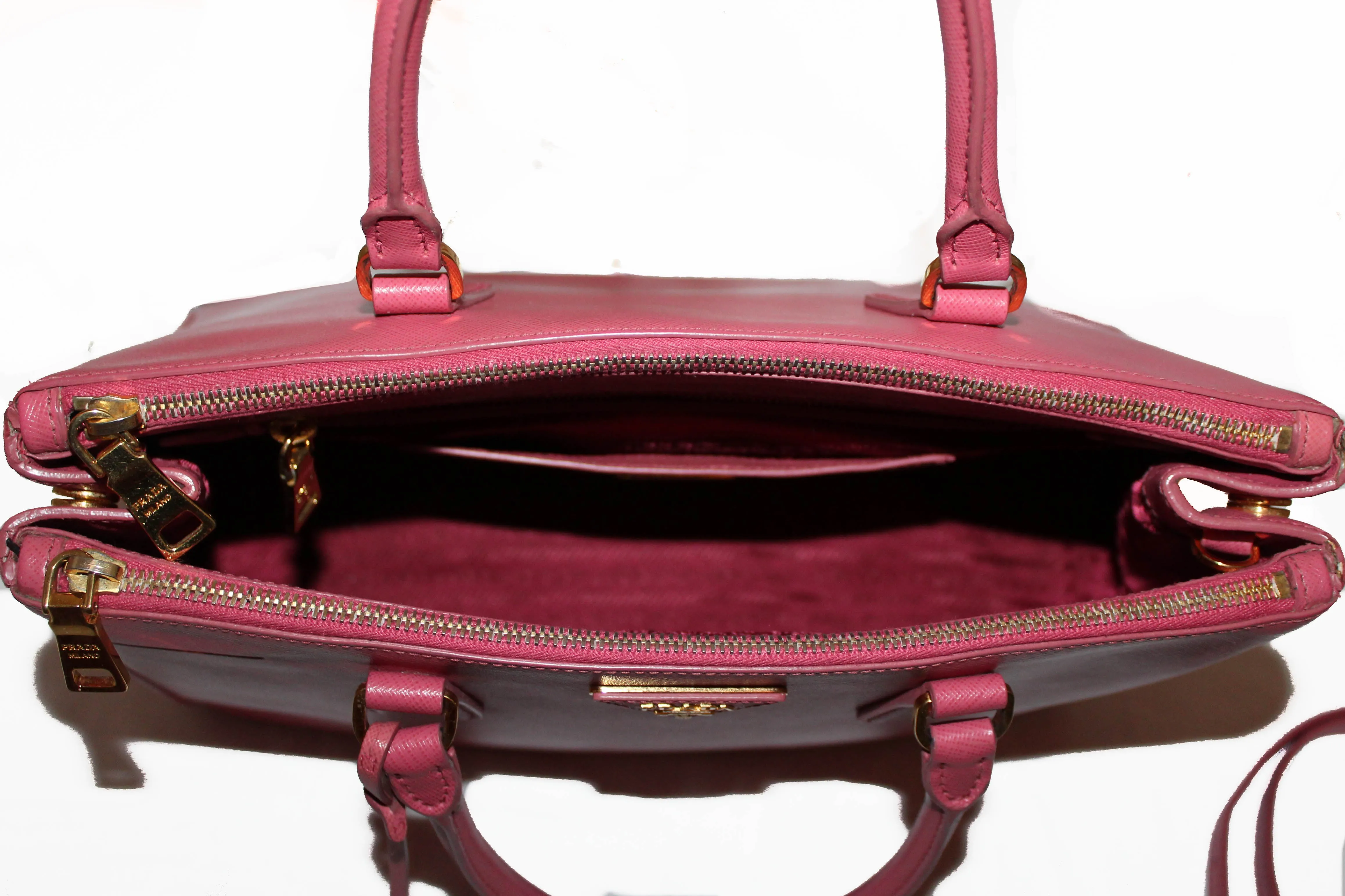 Authentic Prada Pink Saffiano Lux Leather Medium Double Zip Tote Bag