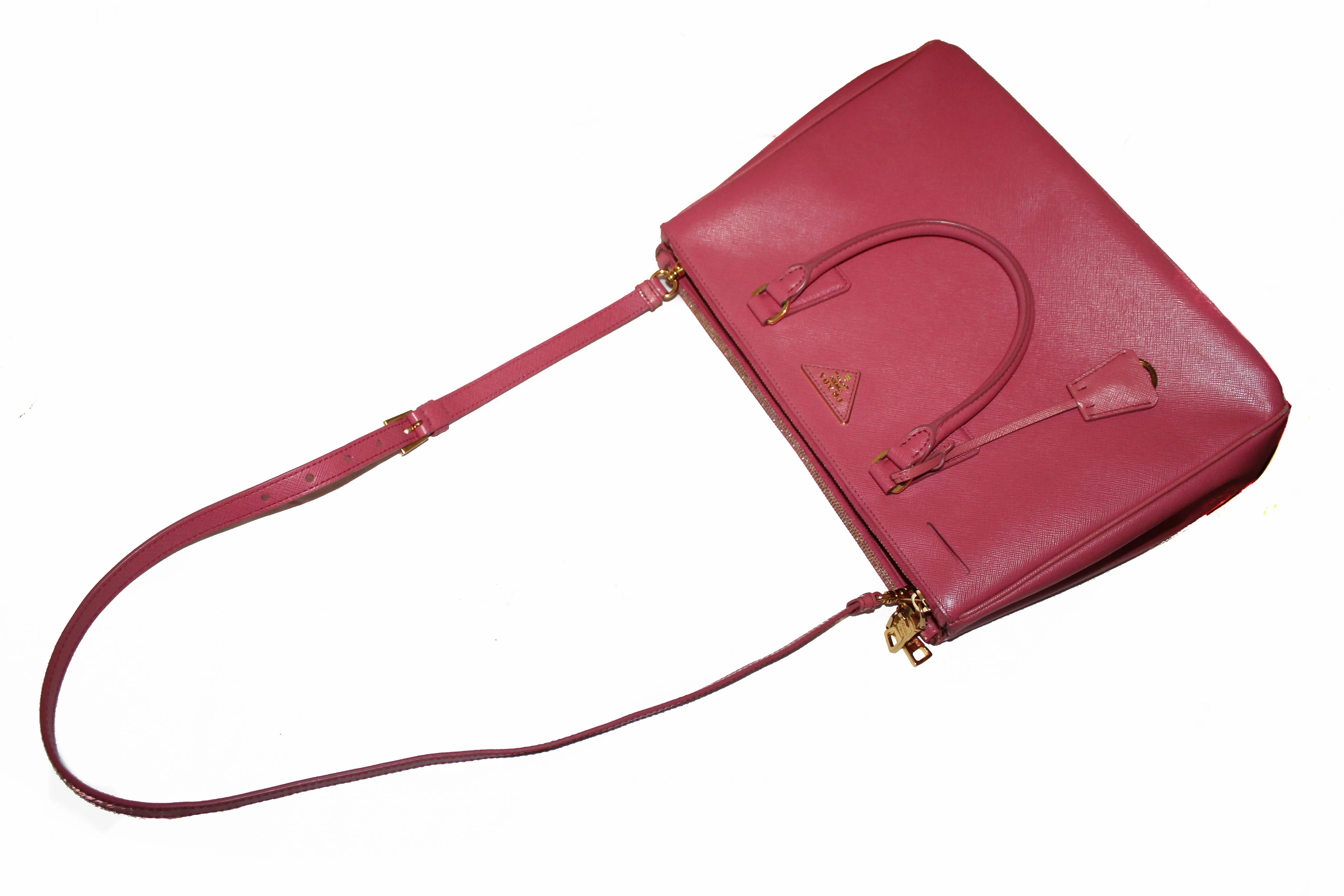 Authentic Prada Pink Saffiano Lux Leather Medium Double Zip Tote Bag