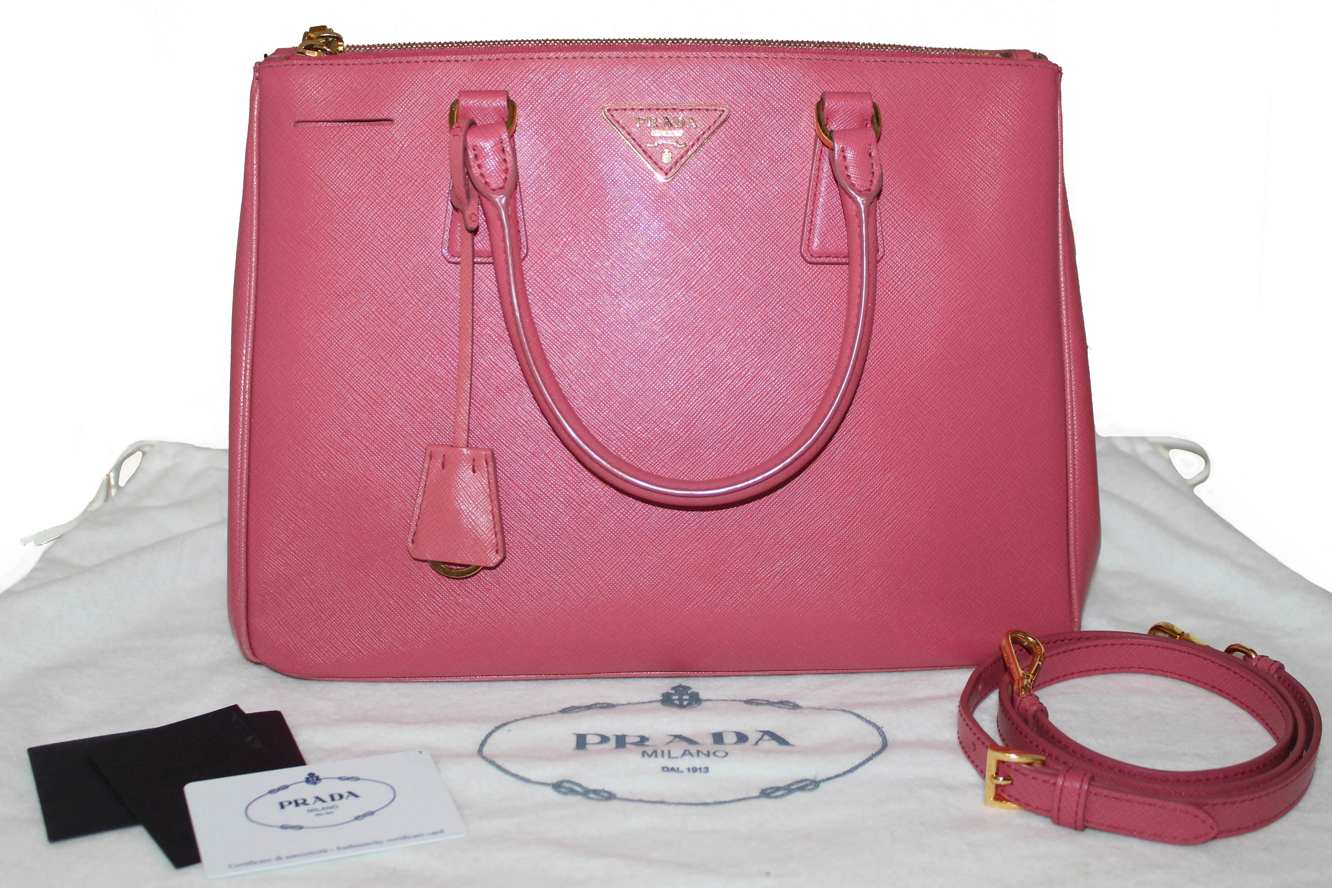 Authentic Prada Pink Saffiano Lux Leather Medium Double Zip Tote Bag