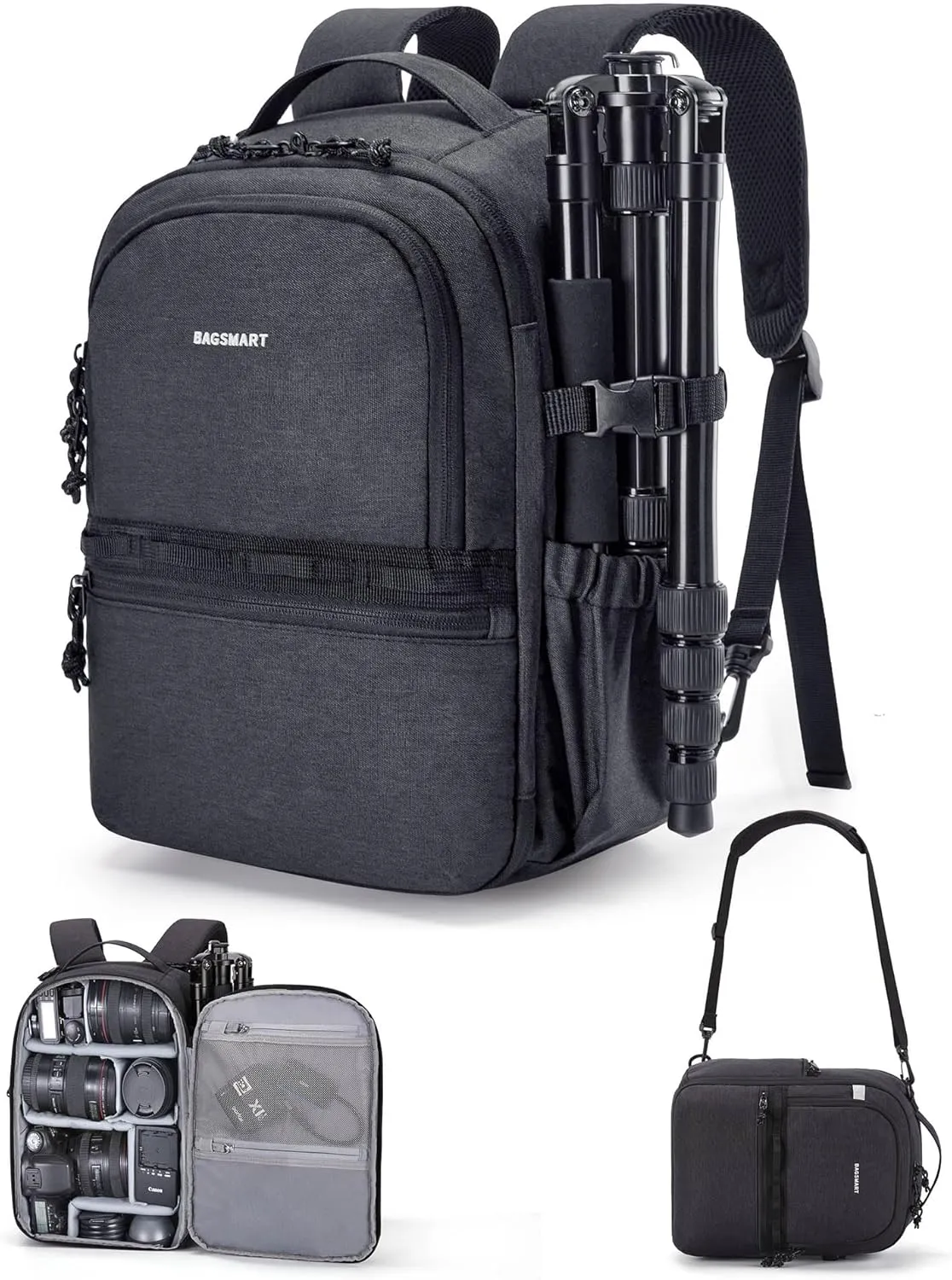 BAGSMART Camera Backpack, DSLR SLR Small Camera Bags for Photographers Compatible for Sony Canon Nikon, Shoulder Strap 2-in-1 Travel Backpack Fits 12.9" iPad, Black