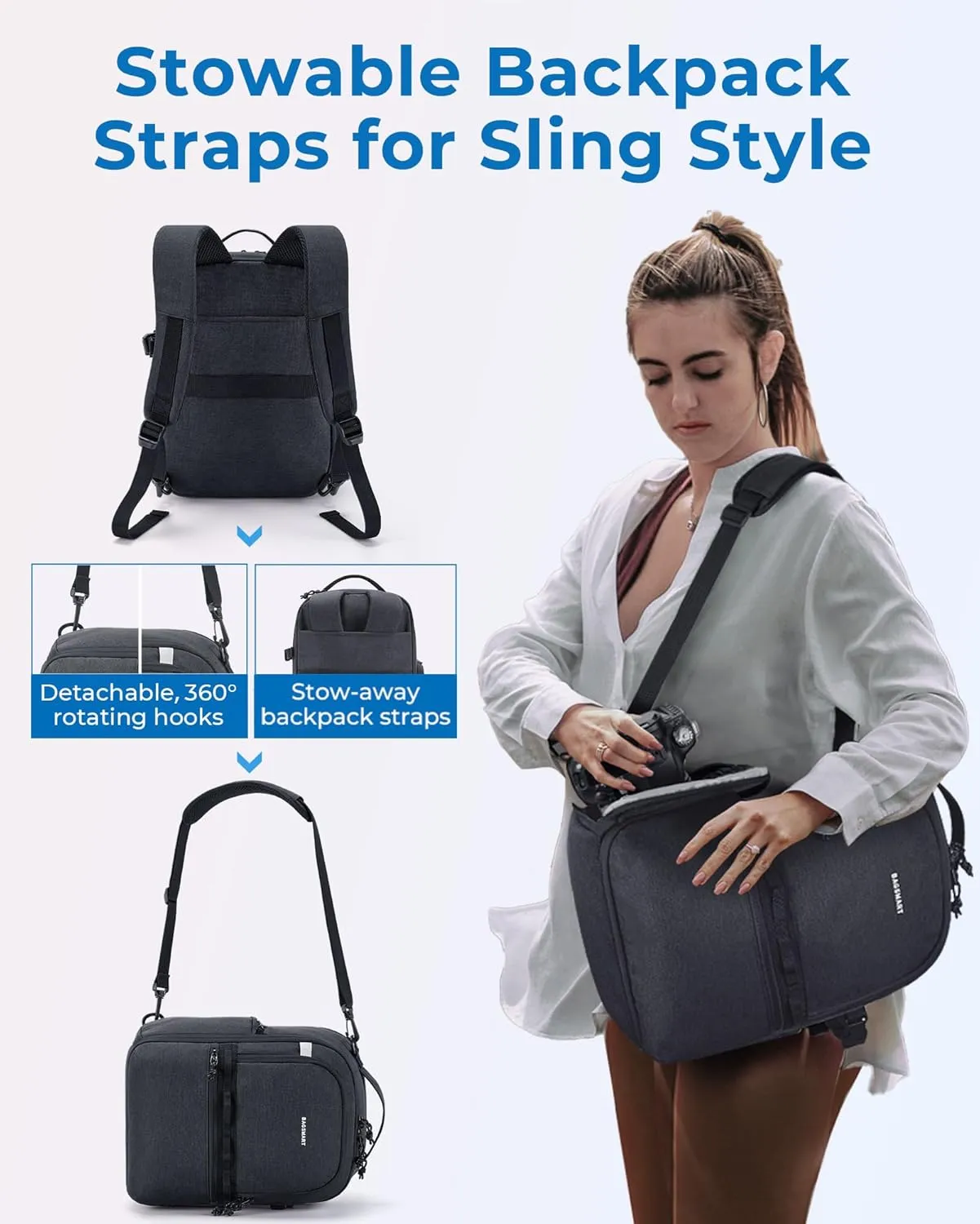 BAGSMART Camera Backpack, DSLR SLR Small Camera Bags for Photographers Compatible for Sony Canon Nikon, Shoulder Strap 2-in-1 Travel Backpack Fits 12.9" iPad, Black