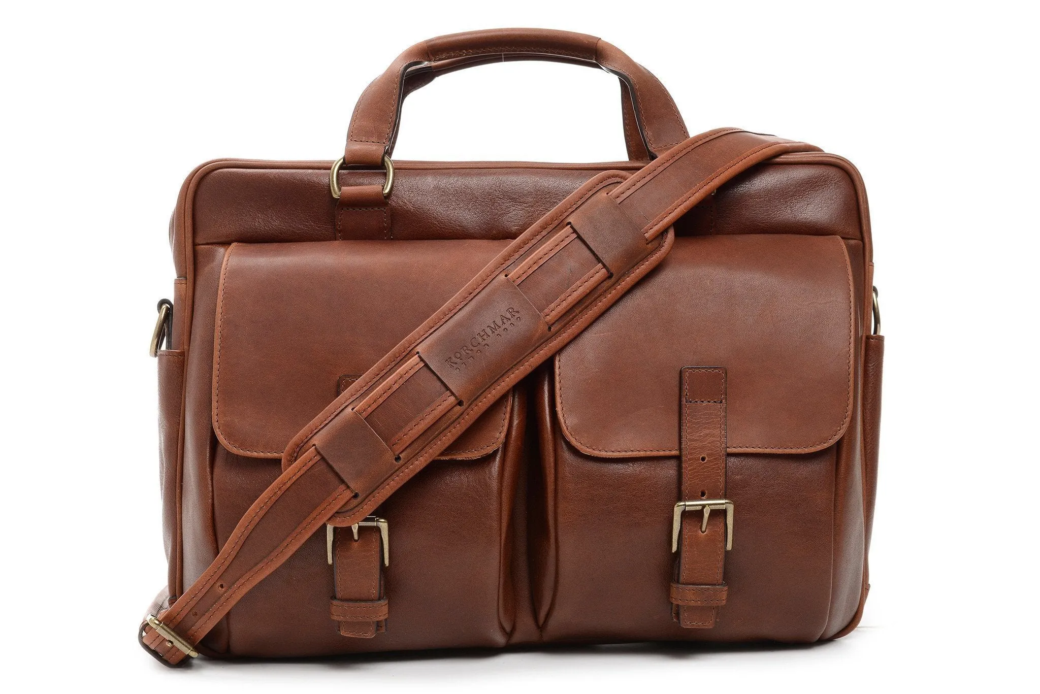 Barton Leather Brief Bag | Grain Leather | Korchmar | Brown | Initials Included