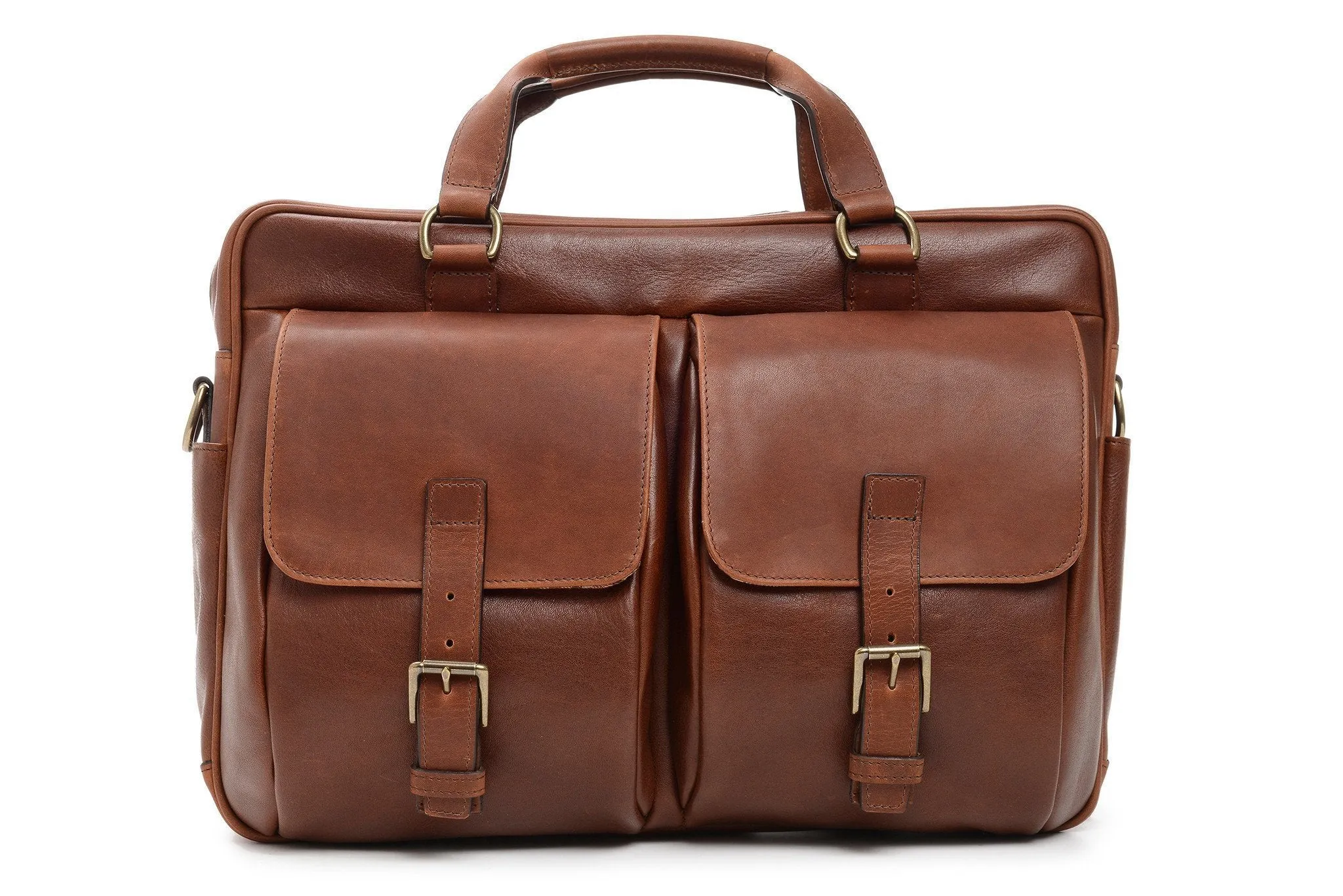 Barton Leather Brief Bag | Grain Leather | Korchmar | Brown | Initials Included