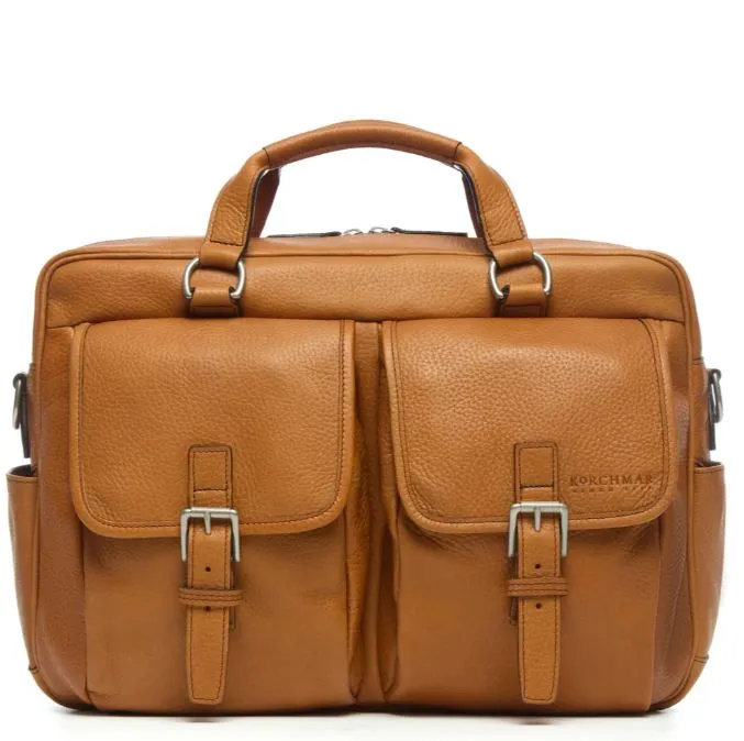 Barton Leather Brief Bag | Grain Leather | Korchmar | Brown | Initials Included