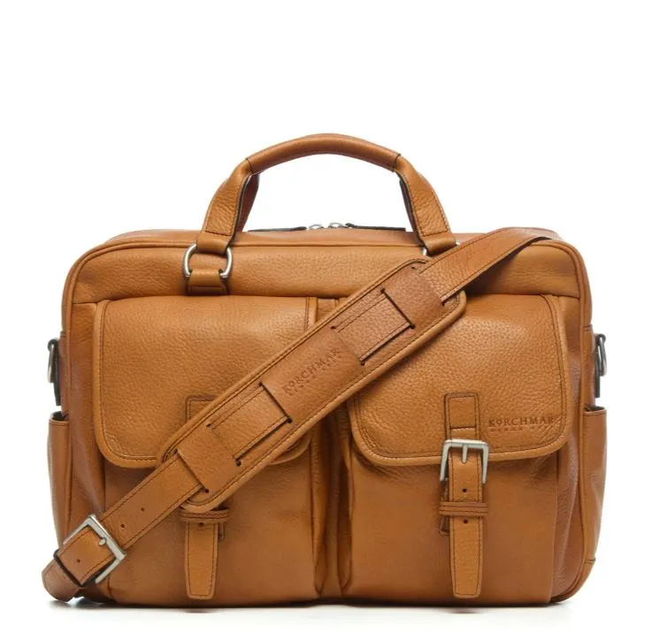 Barton Leather Brief Bag | Grain Leather | Korchmar | Brown | Initials Included