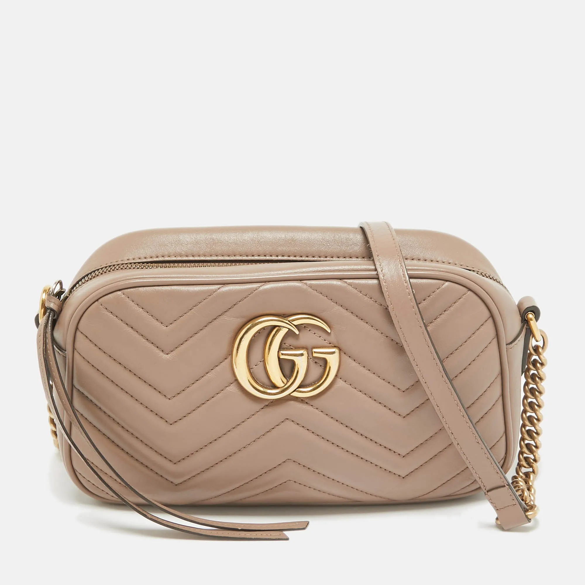 Beige Matelass&eacute; Leather Small GG Marmont Camera Shoulder Bag