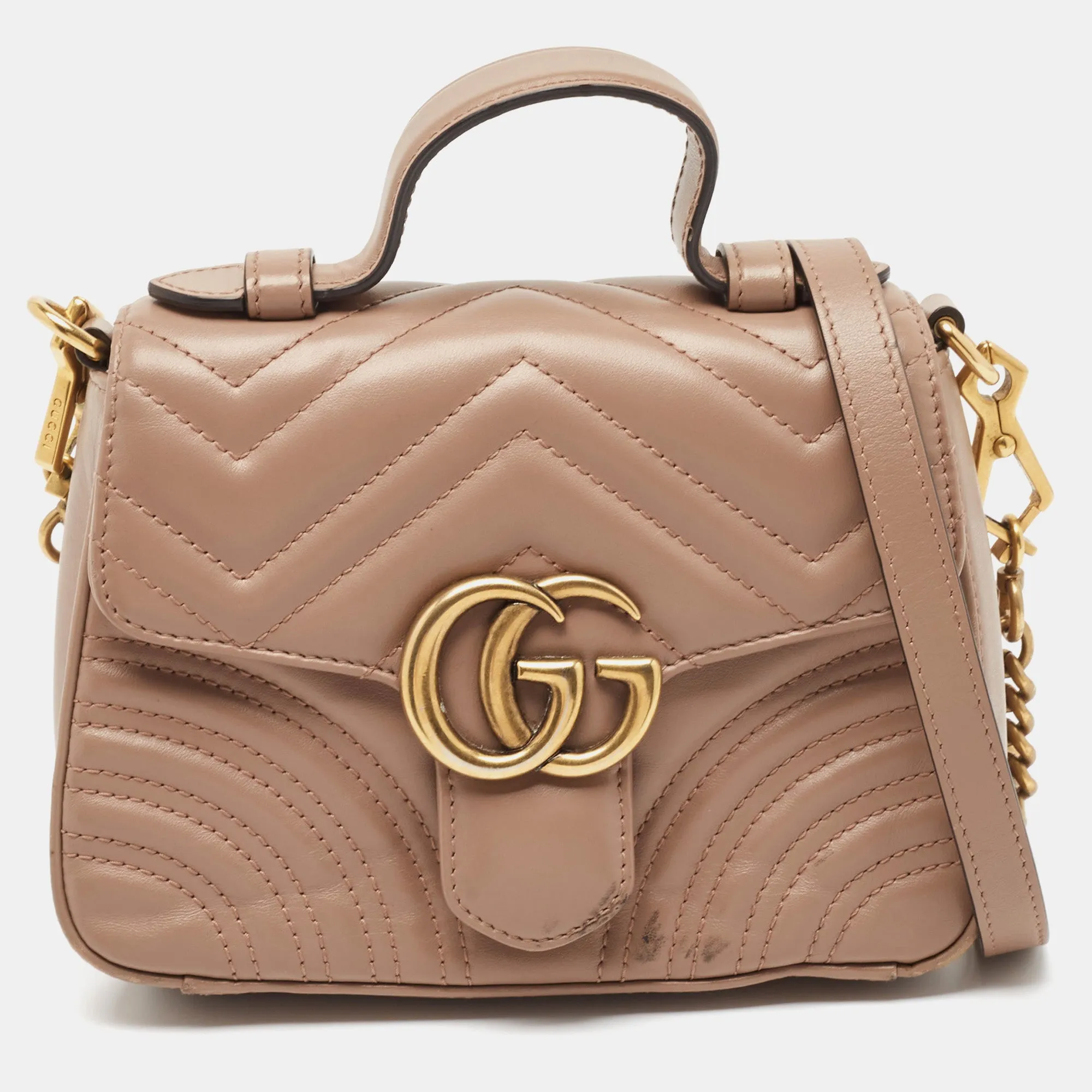 Beige Matelasse Leather Mini GG Marmont Top Handle Bag