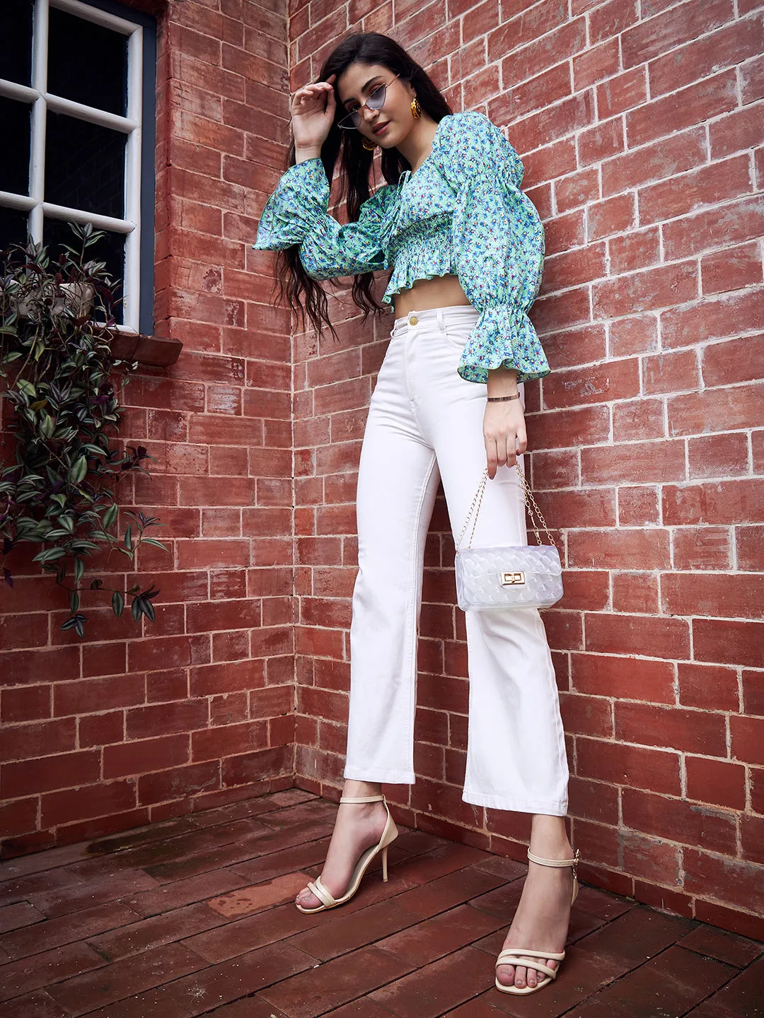Berrylush Women Green Floral Printed Square Neck Bell Sleeves Front Tie-Up Smocked Crop Peplum Top