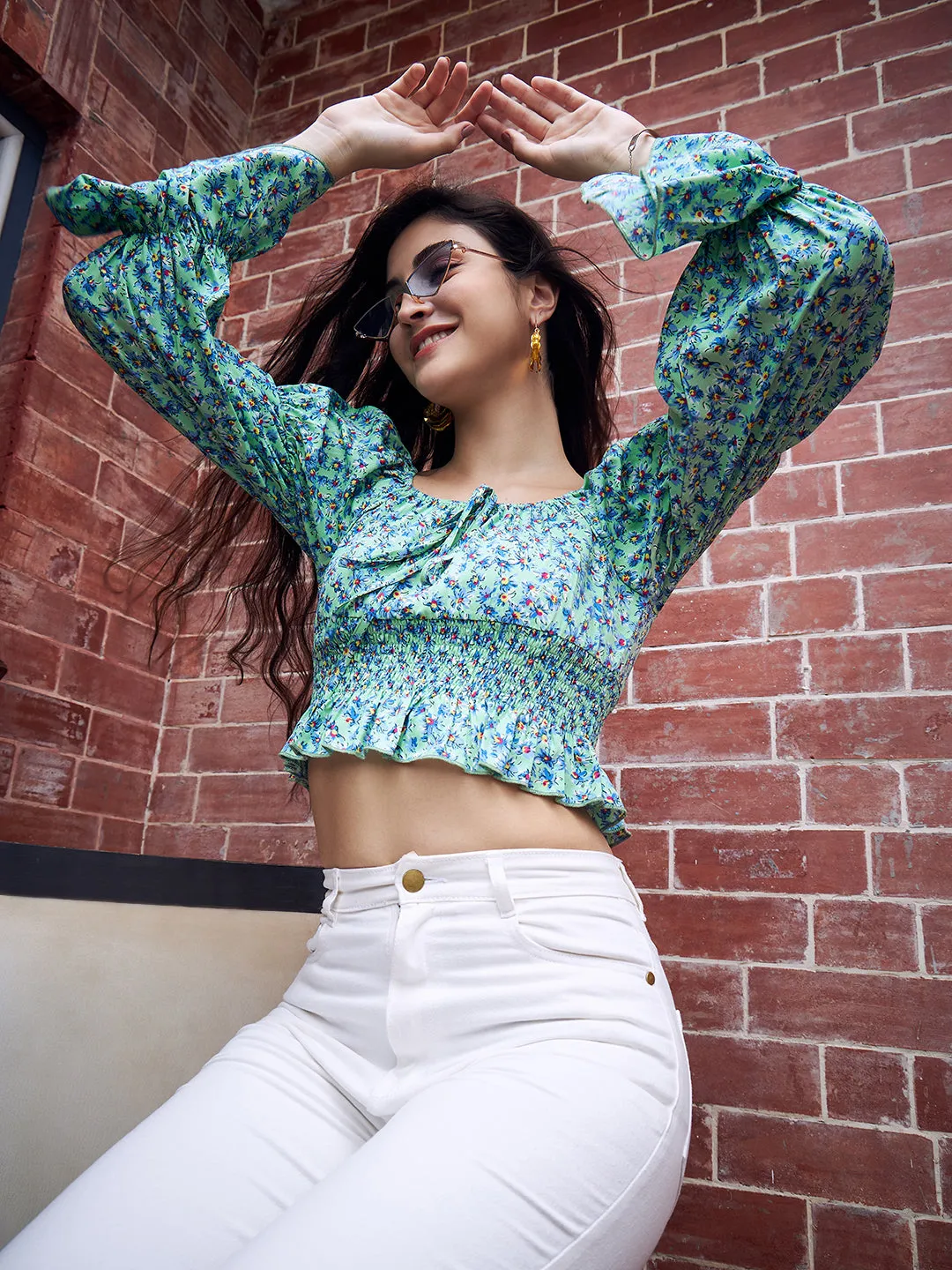 Berrylush Women Green Floral Printed Square Neck Bell Sleeves Front Tie-Up Smocked Crop Peplum Top