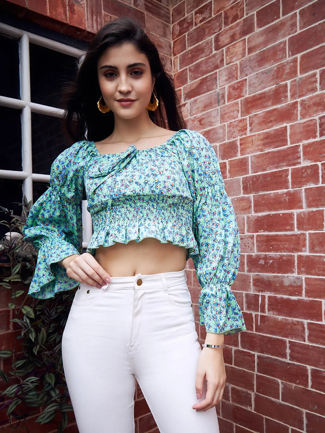 Berrylush Women Green Floral Printed Square Neck Bell Sleeves Front Tie-Up Smocked Crop Peplum Top