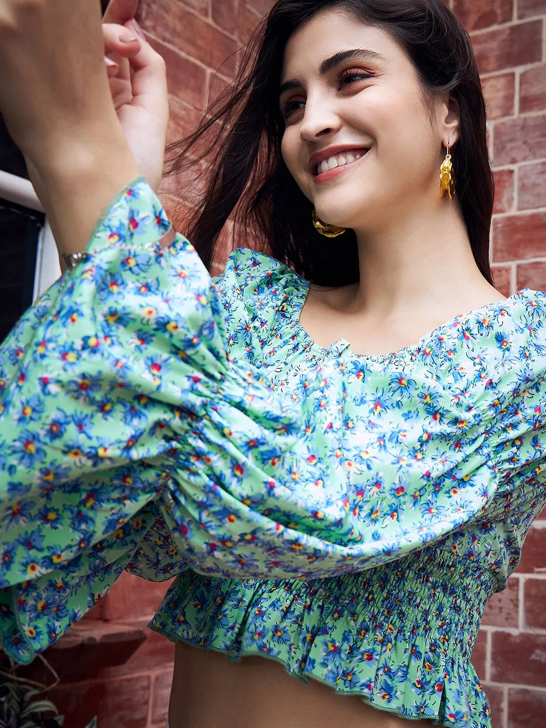 Berrylush Women Green Floral Printed Square Neck Bell Sleeves Front Tie-Up Smocked Crop Peplum Top