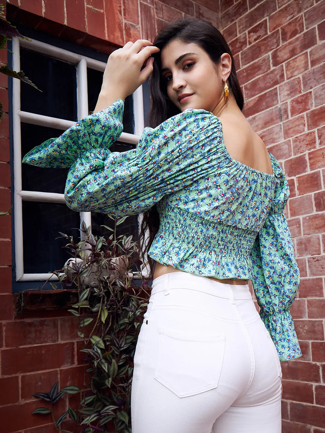 Berrylush Women Green Floral Printed Square Neck Bell Sleeves Front Tie-Up Smocked Crop Peplum Top