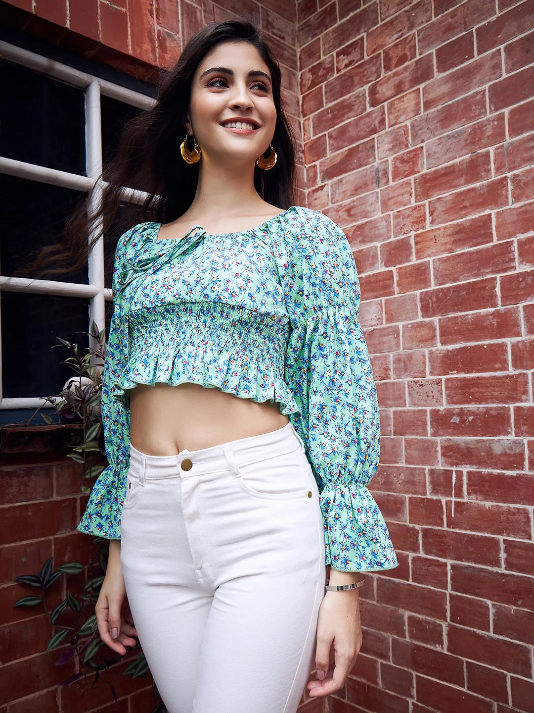 Berrylush Women Green Floral Printed Square Neck Bell Sleeves Front Tie-Up Smocked Crop Peplum Top
