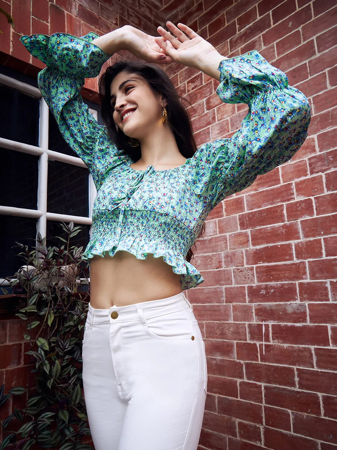 Berrylush Women Green Floral Printed Square Neck Bell Sleeves Front Tie-Up Smocked Crop Peplum Top