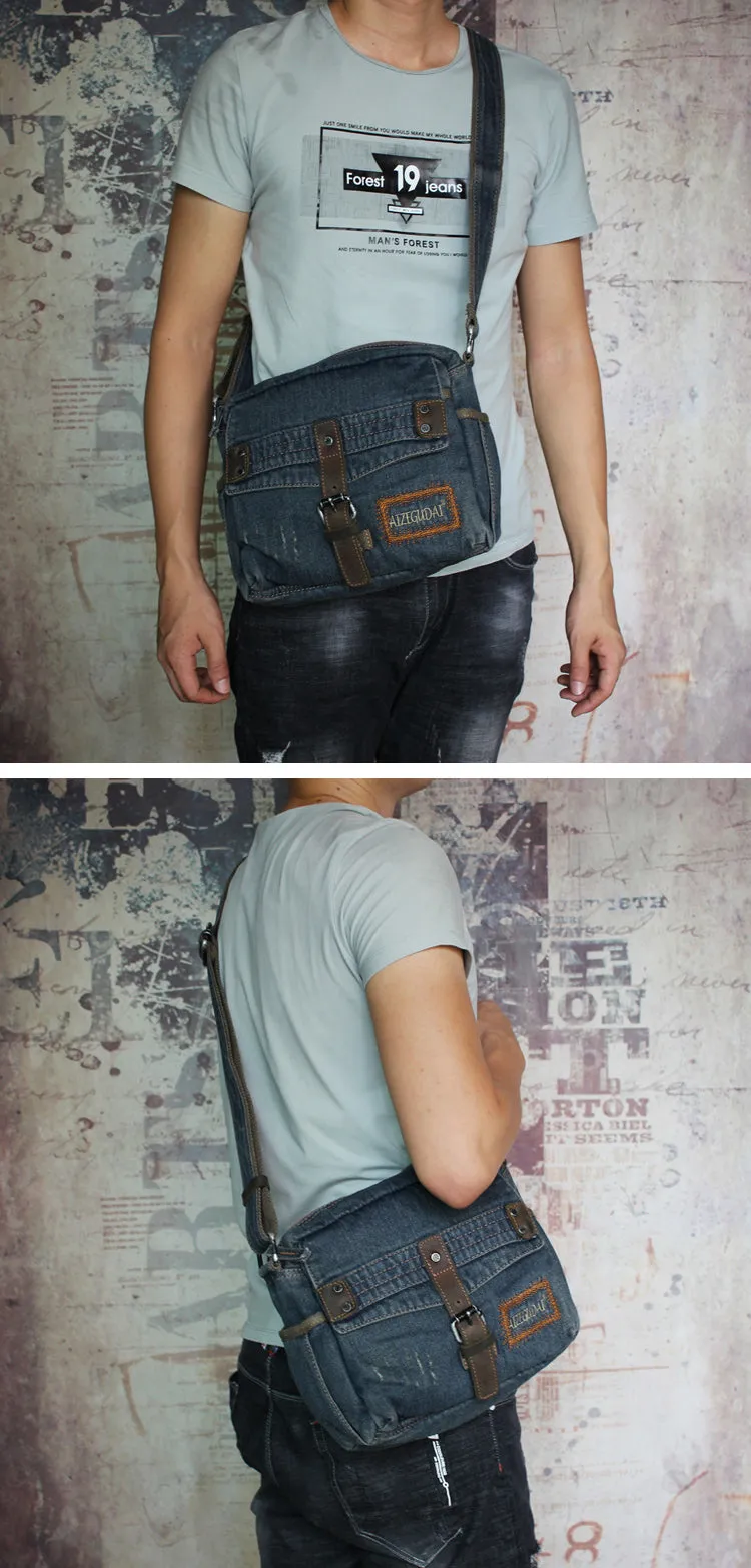 Black Denim Small Messenger Bags Denim Small Side Bag Vintage Small Crossbody Bag For Men