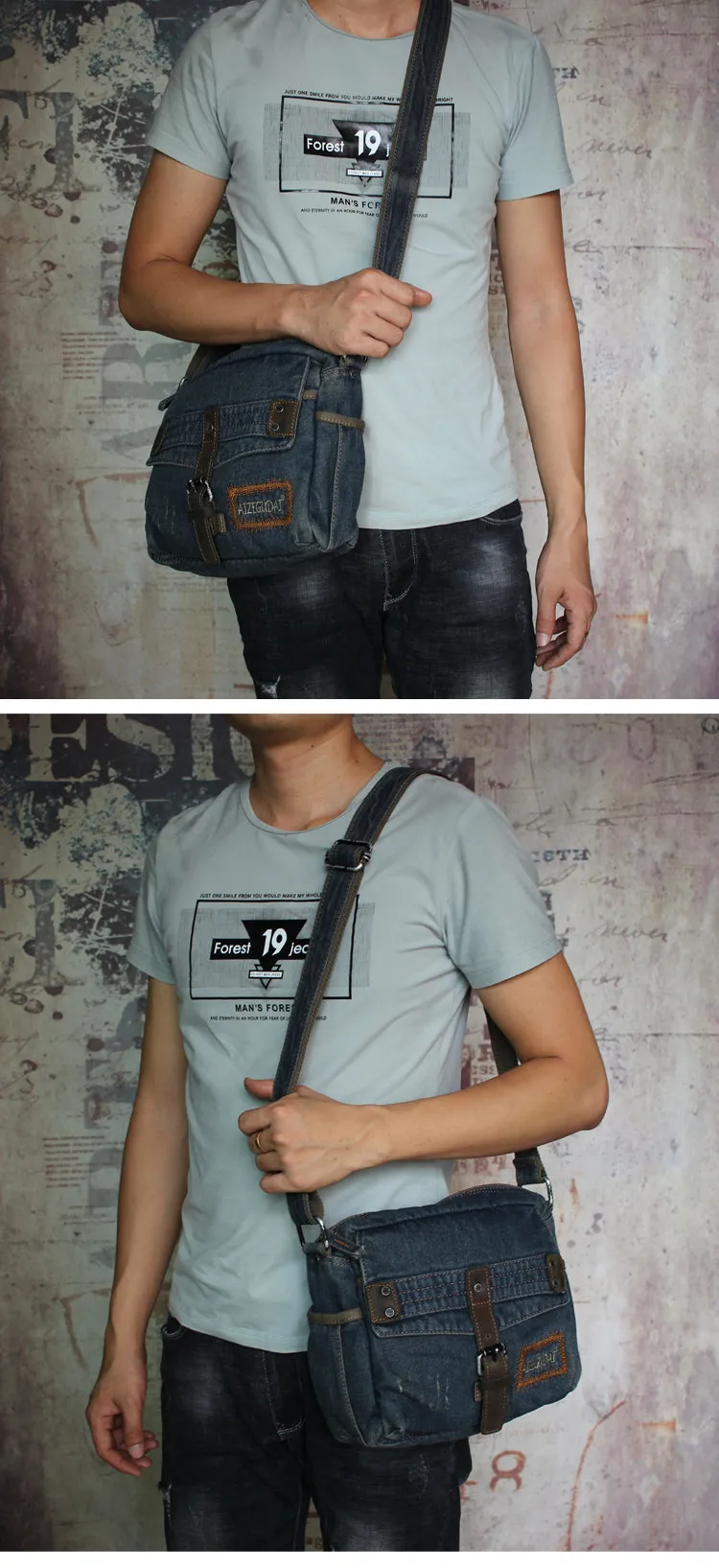Black Denim Small Messenger Bags Denim Small Side Bag Vintage Small Crossbody Bag For Men