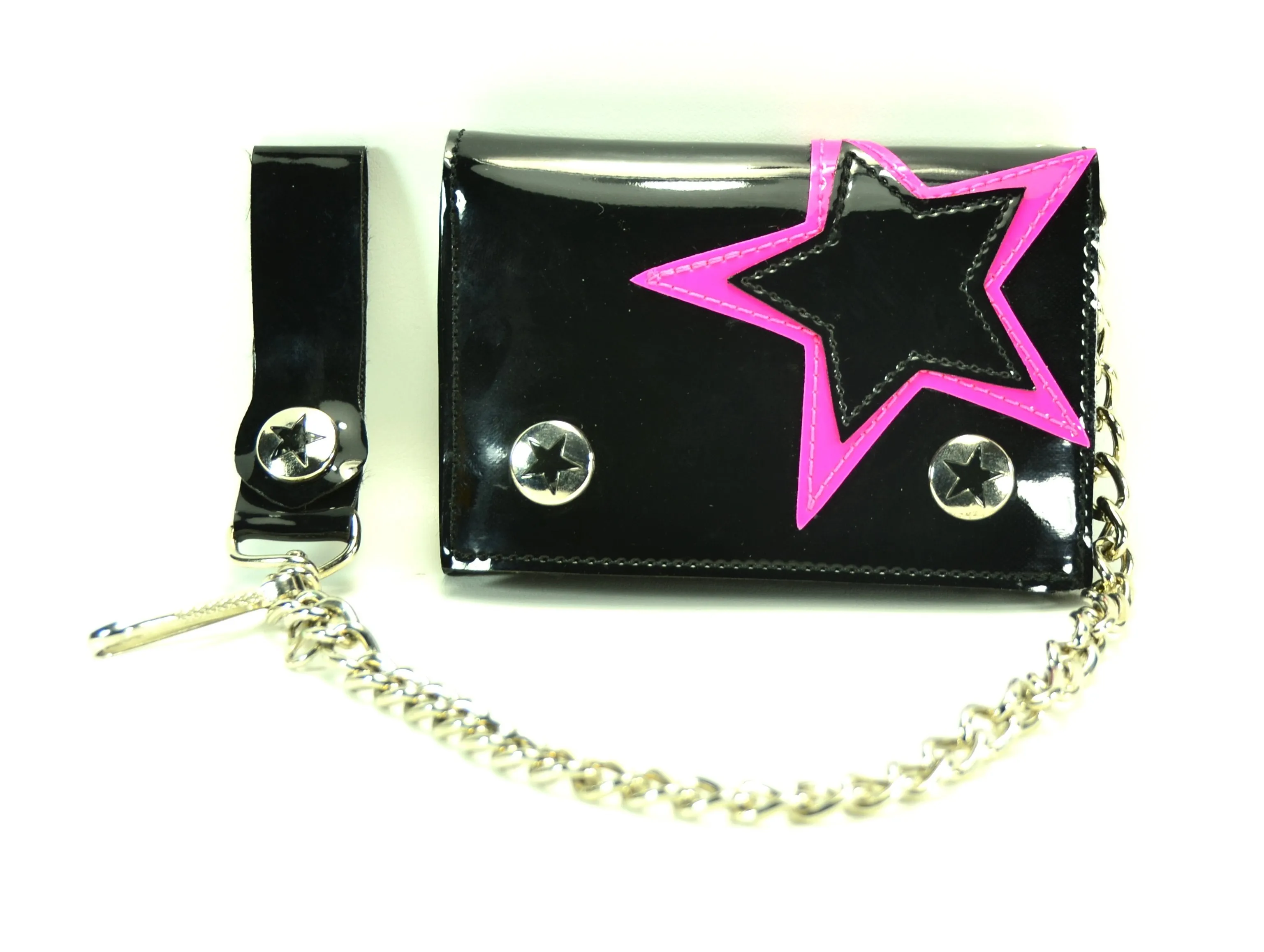 Black Tri Fold Wallet With Black &Amp; Pink Star
