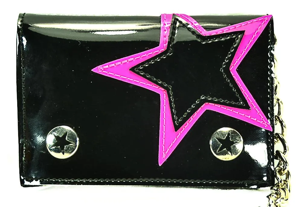 Black Tri Fold Wallet With Black &Amp; Pink Star
