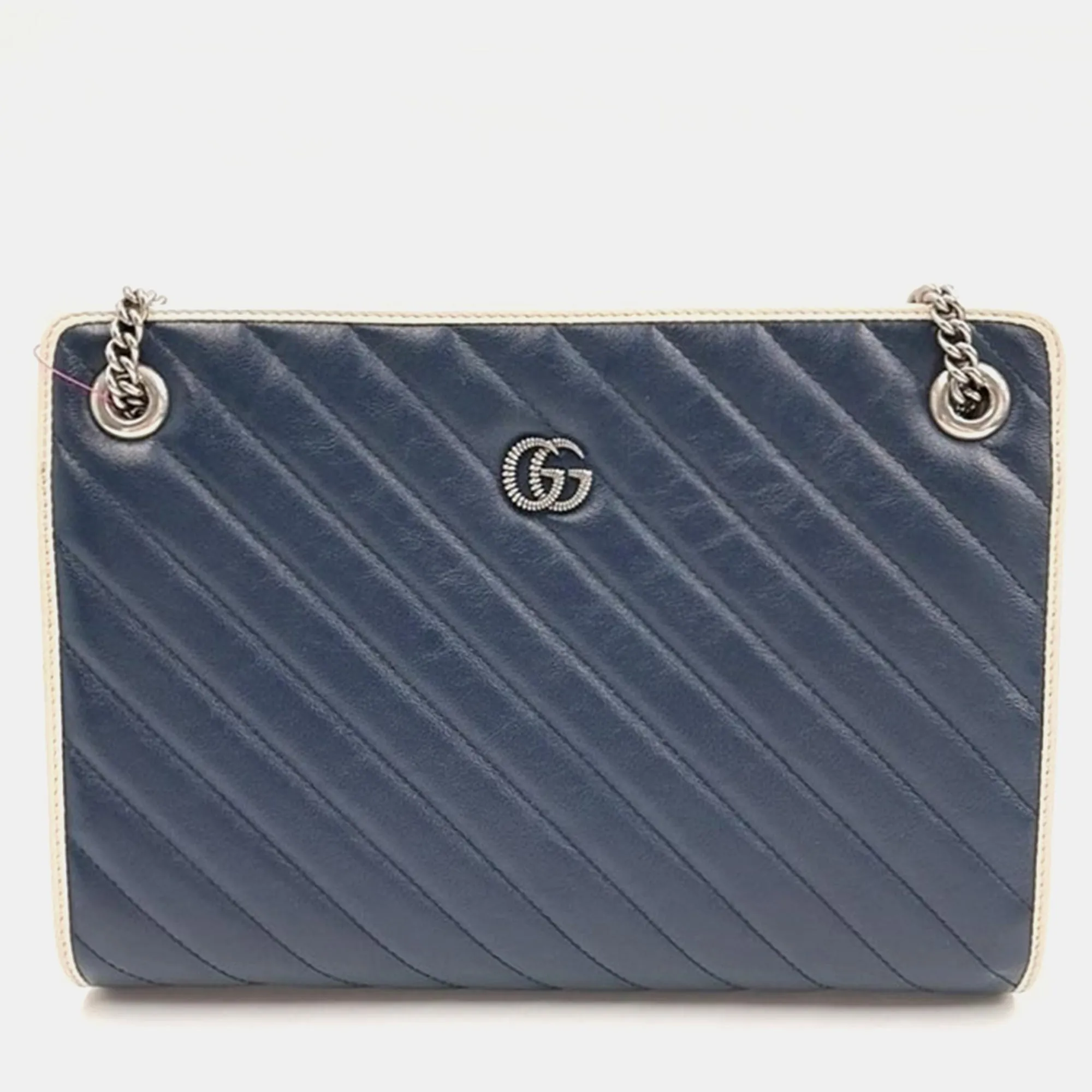 Blue Diagonal Quilted Leather Medium GG Marmont Accordion Shoulder Bag
