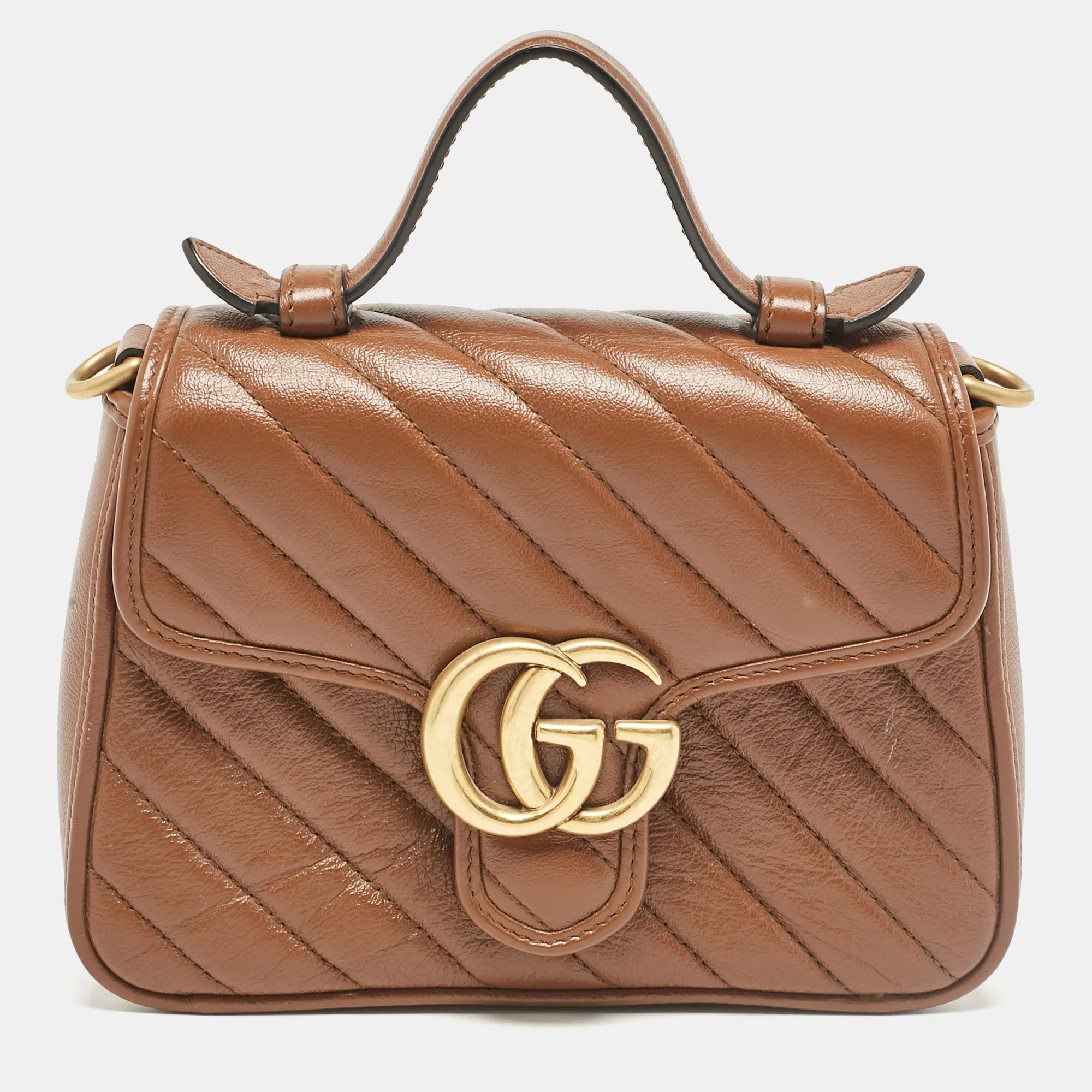 Brown Matelass&eacute; Leather Mini GG Marmont Top Handle Bag