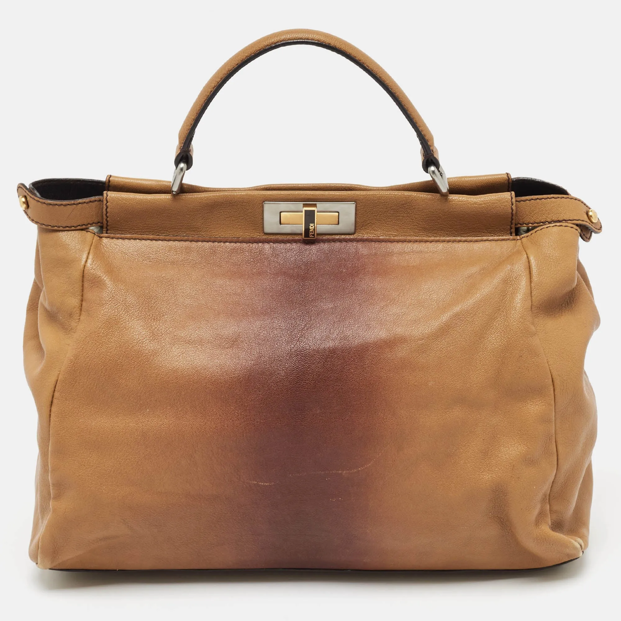 Brown Ombre Leather and Calf Hair Lining Large Peekaboo Top Handle Bag