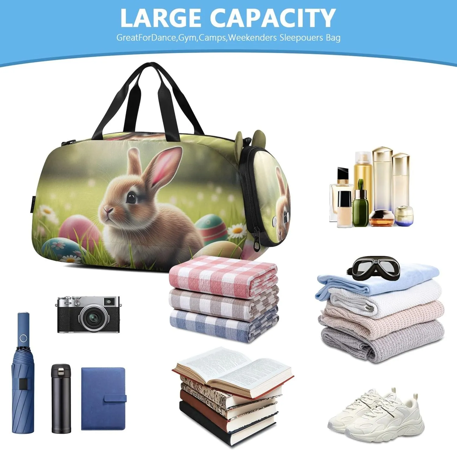 Carry on Duffel Bag for Boys Overnight Weekender Duffel Girls Duffle Bags Travel Tote Dance Kids Luggage Cute Bunny Grass Easter Eggs