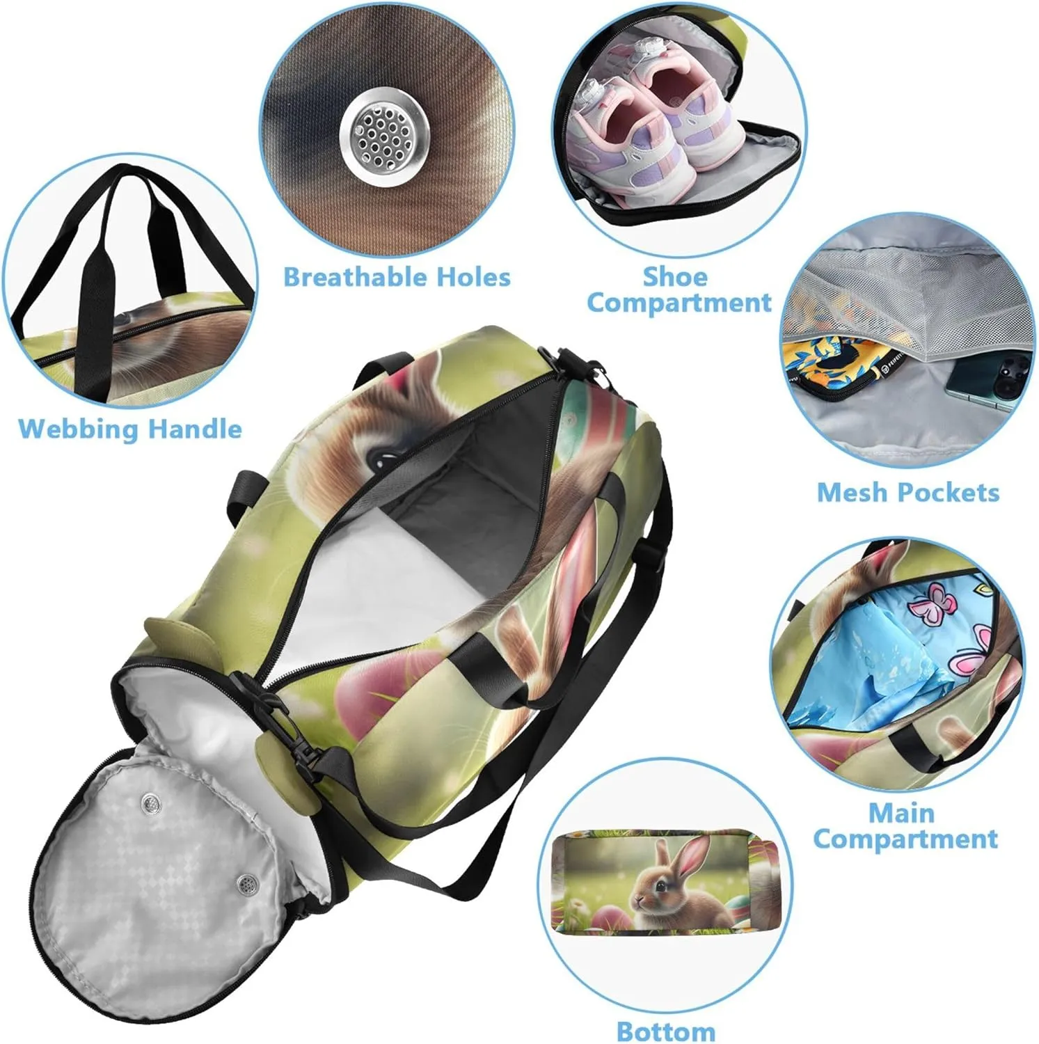 Carry on Duffel Bag for Boys Overnight Weekender Duffel Girls Duffle Bags Travel Tote Dance Kids Luggage Cute Bunny Grass Easter Eggs