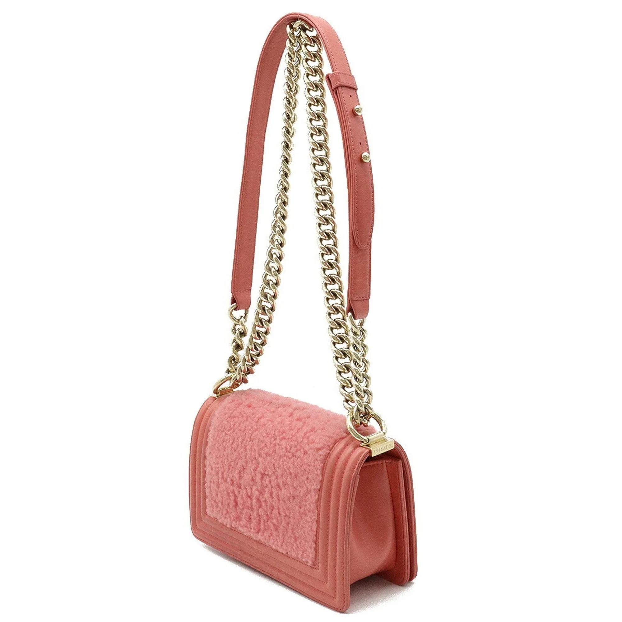 CHANEL Boy Boa Chain Bag Shoulder Clutch Mouton Leather Coral Pink