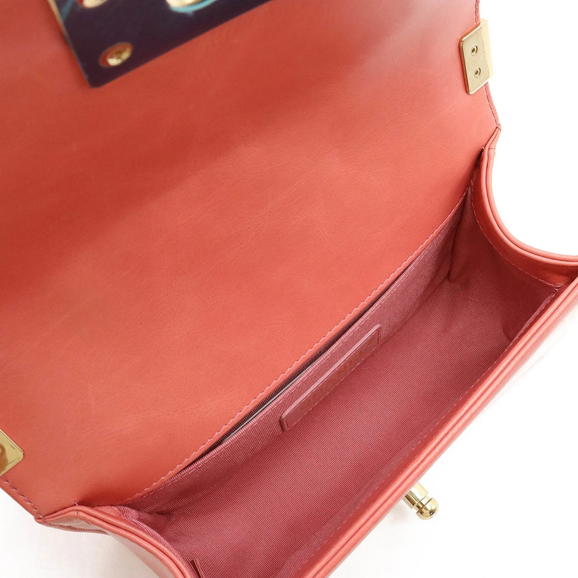 CHANEL Boy Boa Chain Bag Shoulder Clutch Mouton Leather Coral Pink