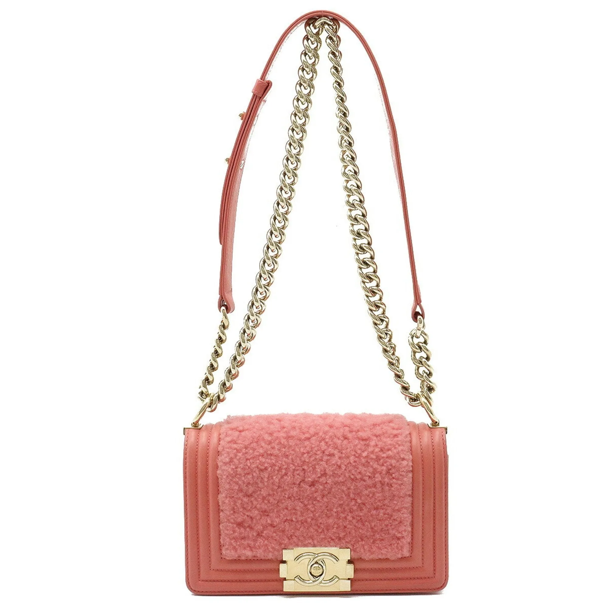 CHANEL Boy Boa Chain Bag Shoulder Clutch Mouton Leather Coral Pink