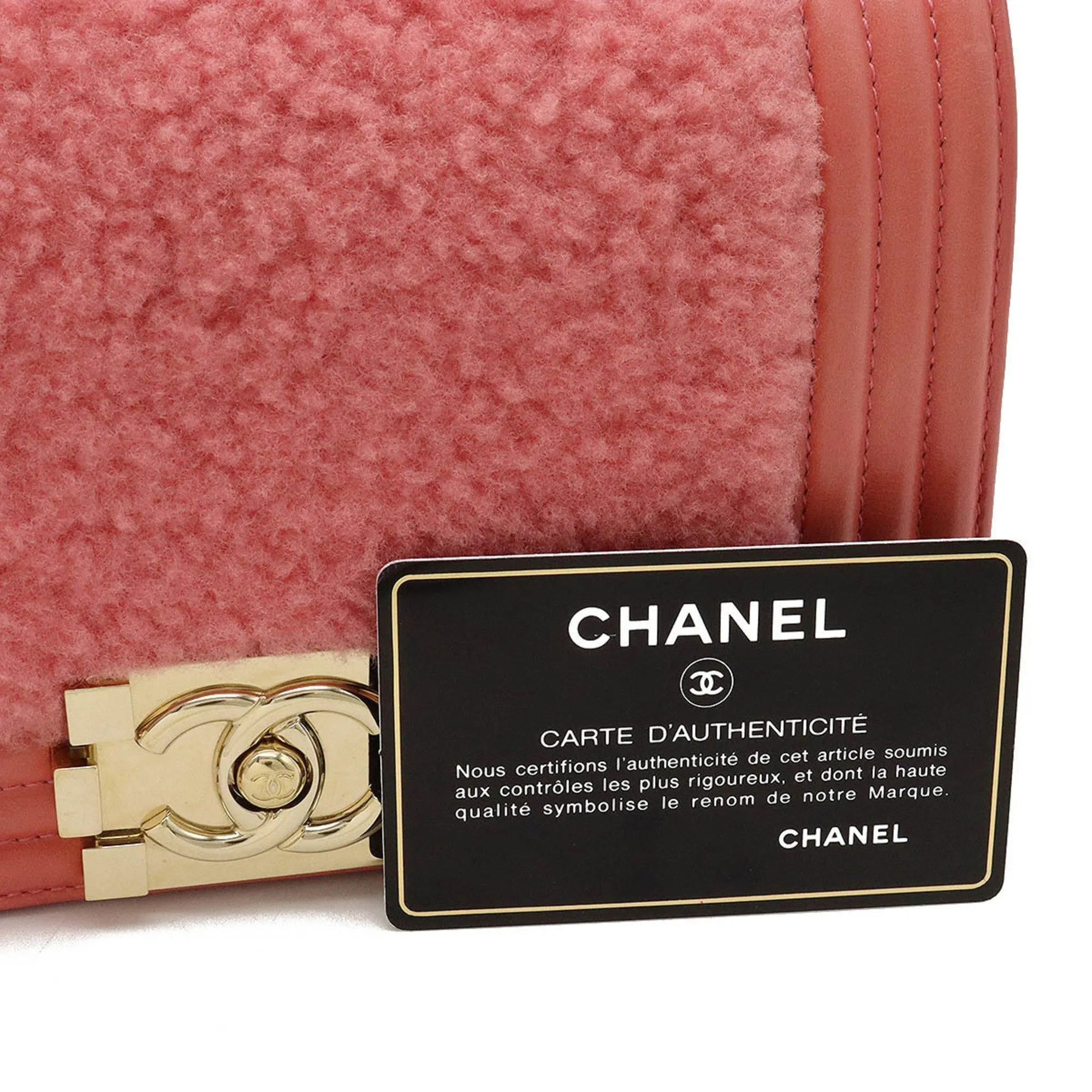 CHANEL Boy Boa Chain Bag Shoulder Clutch Mouton Leather Coral Pink