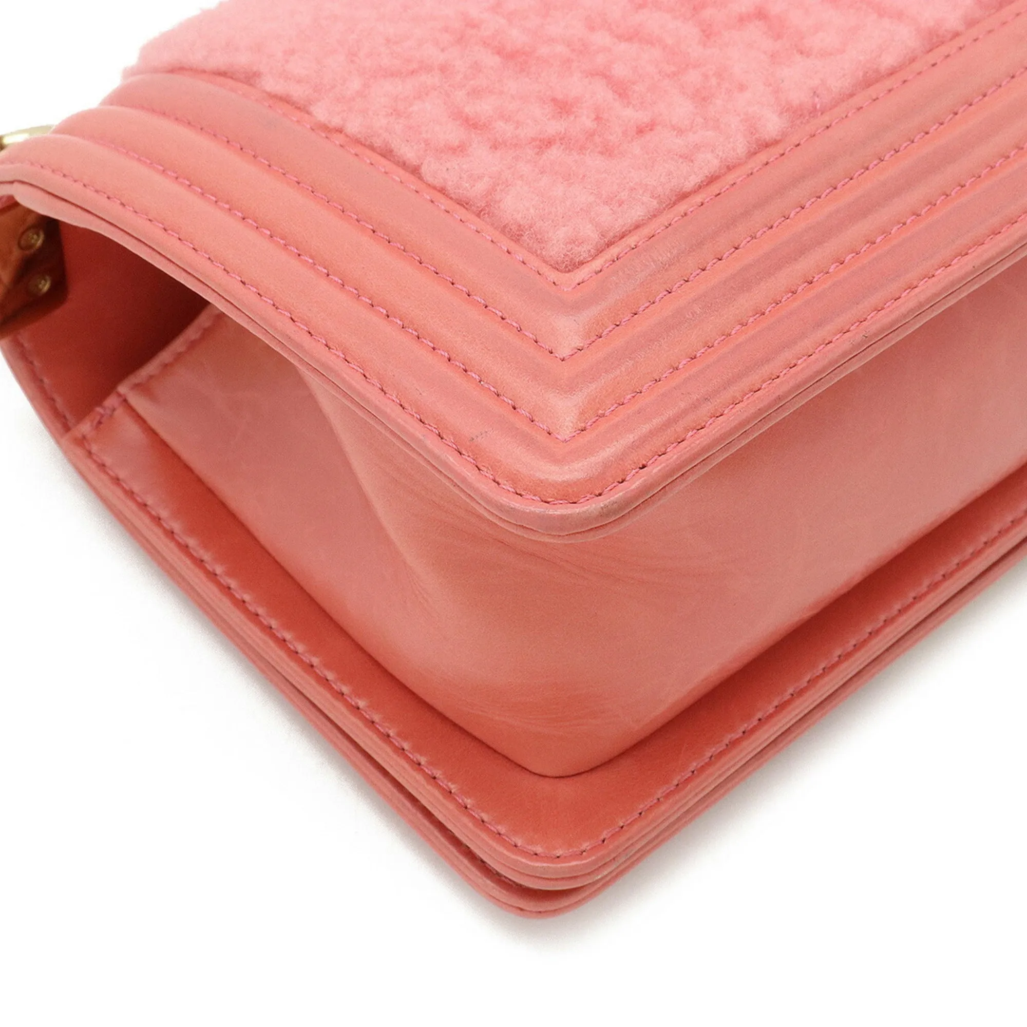 CHANEL Boy Boa Chain Bag Shoulder Clutch Mouton Leather Coral Pink